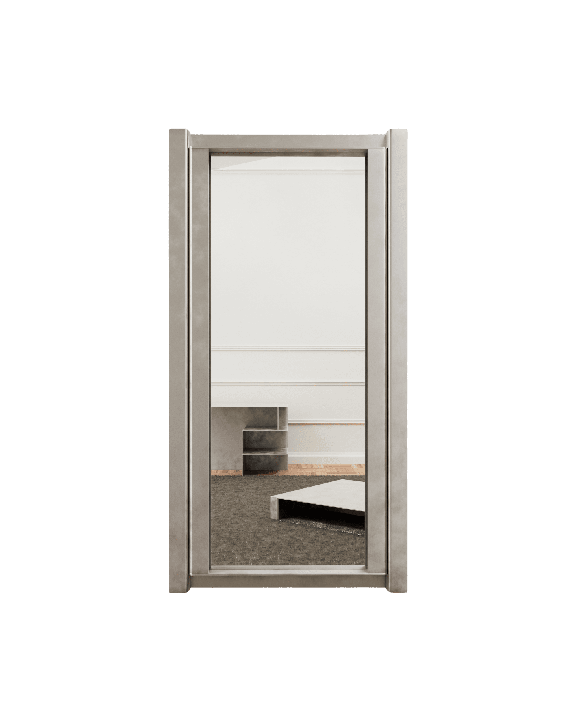 Section Large Mirror by Paul Coenen – tall rectangular floor mirror with muted grey metallic double-edge frame