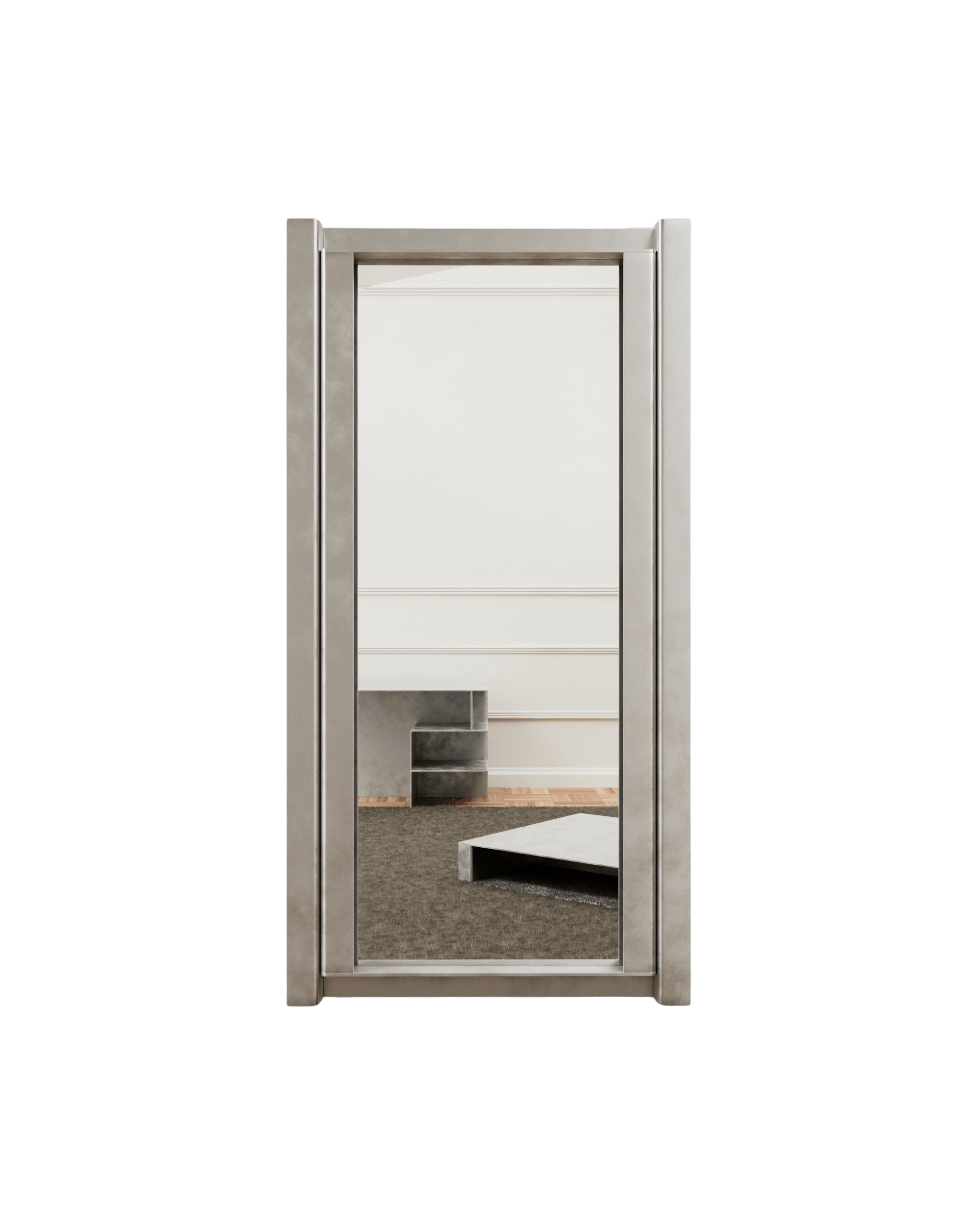 Section Large Mirror by Paul Coenen – tall rectangular floor mirror with muted grey metallic double-edge frame