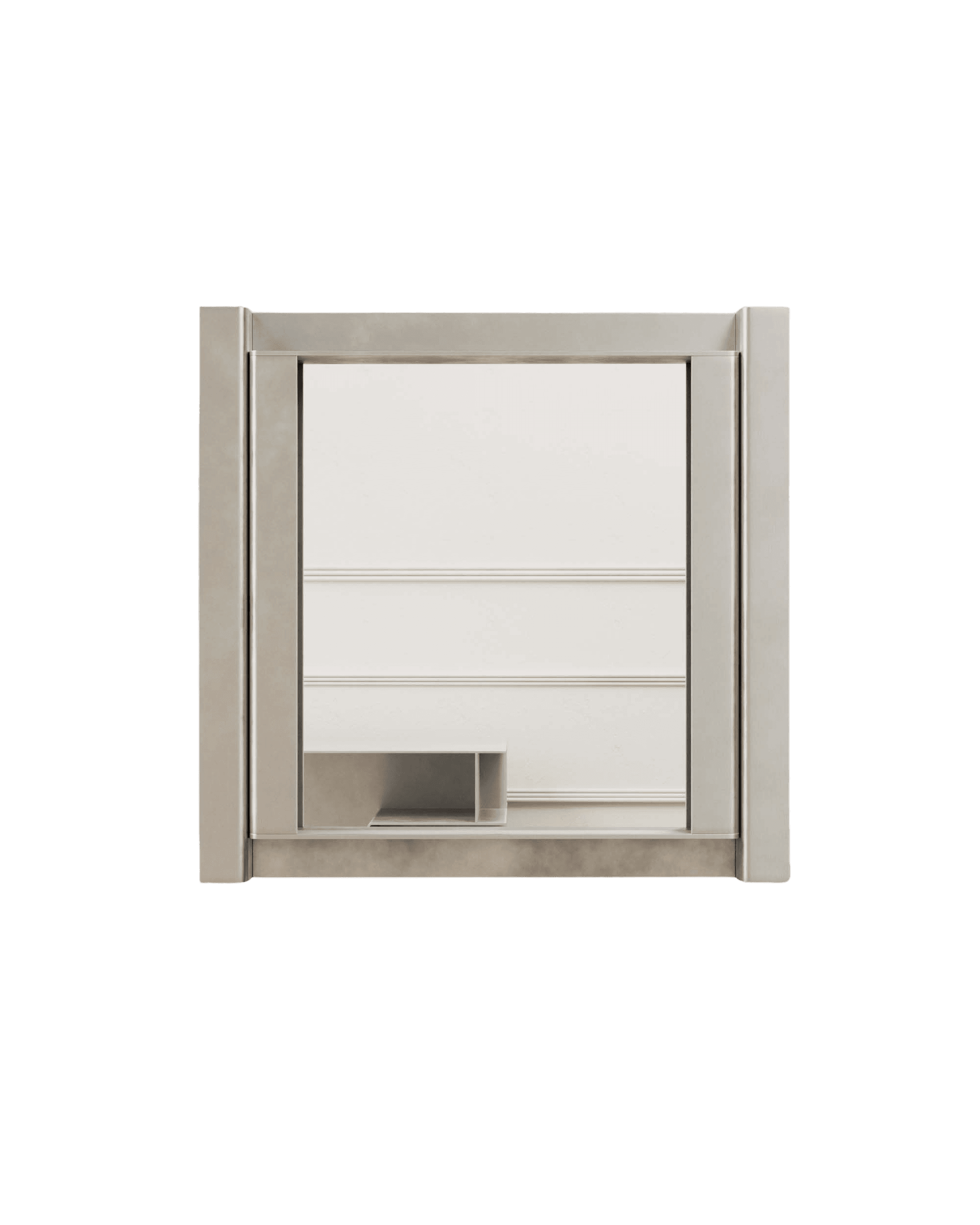 Section Square Mirror by Paul Coenen – wall-mounted grey metal cabinet with glass front and integrated open cubby shelf