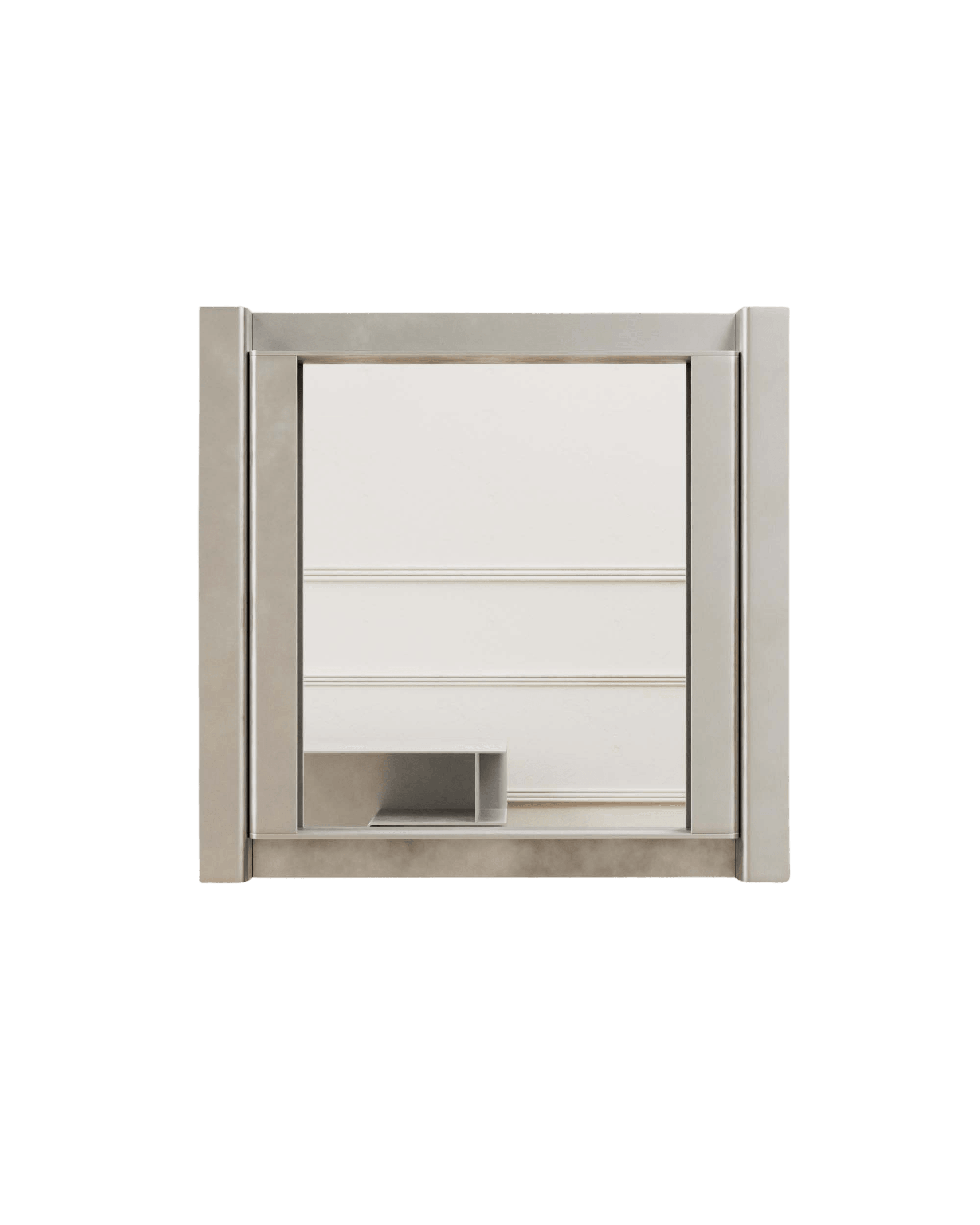 Section Square Mirror by Paul Coenen – wall-mounted grey metal cabinet with glass front and integrated open cubby shelf