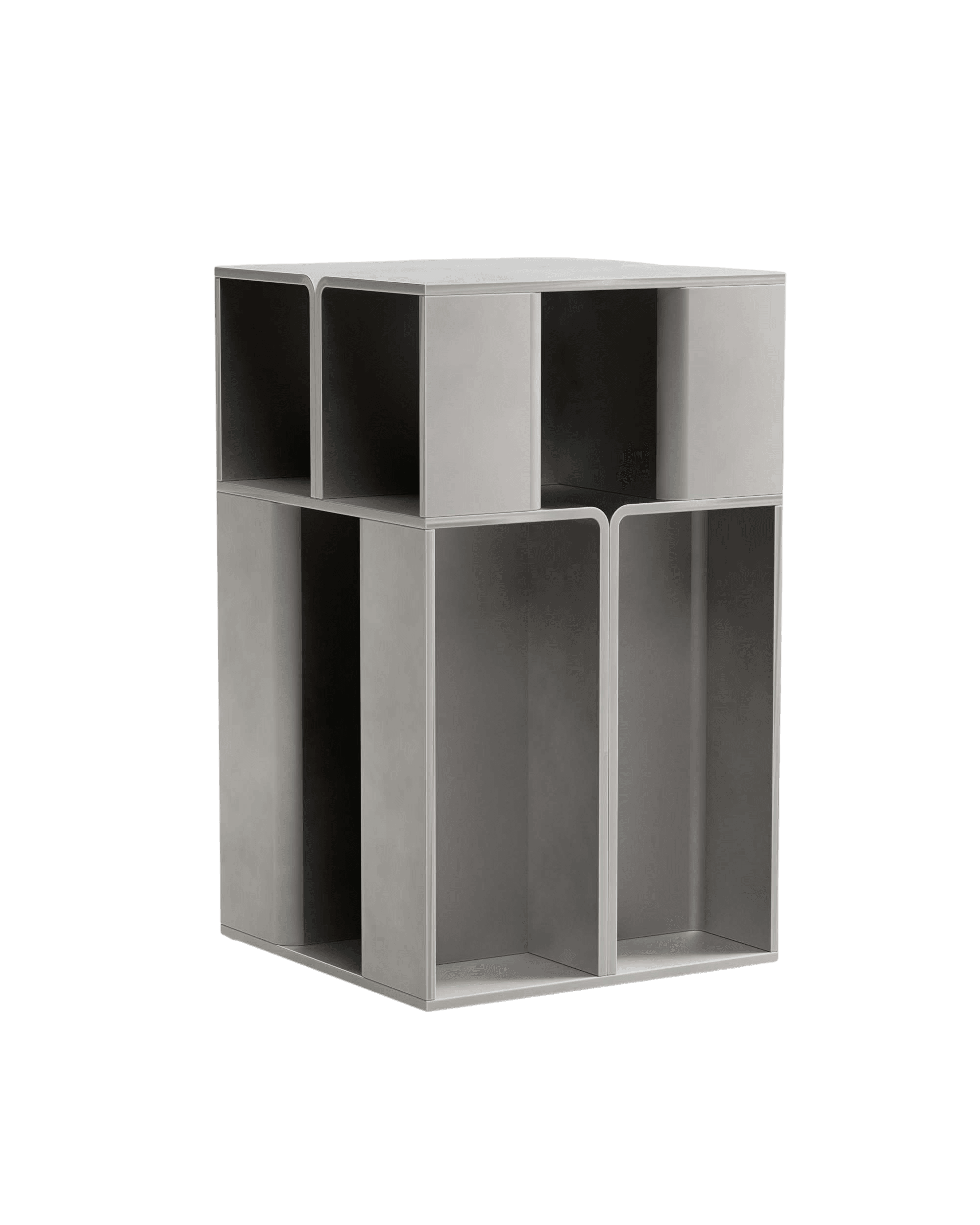 Section Side Table by Paul Coenen – two-tiered light-grey table with varied compartments and softly rounded corners