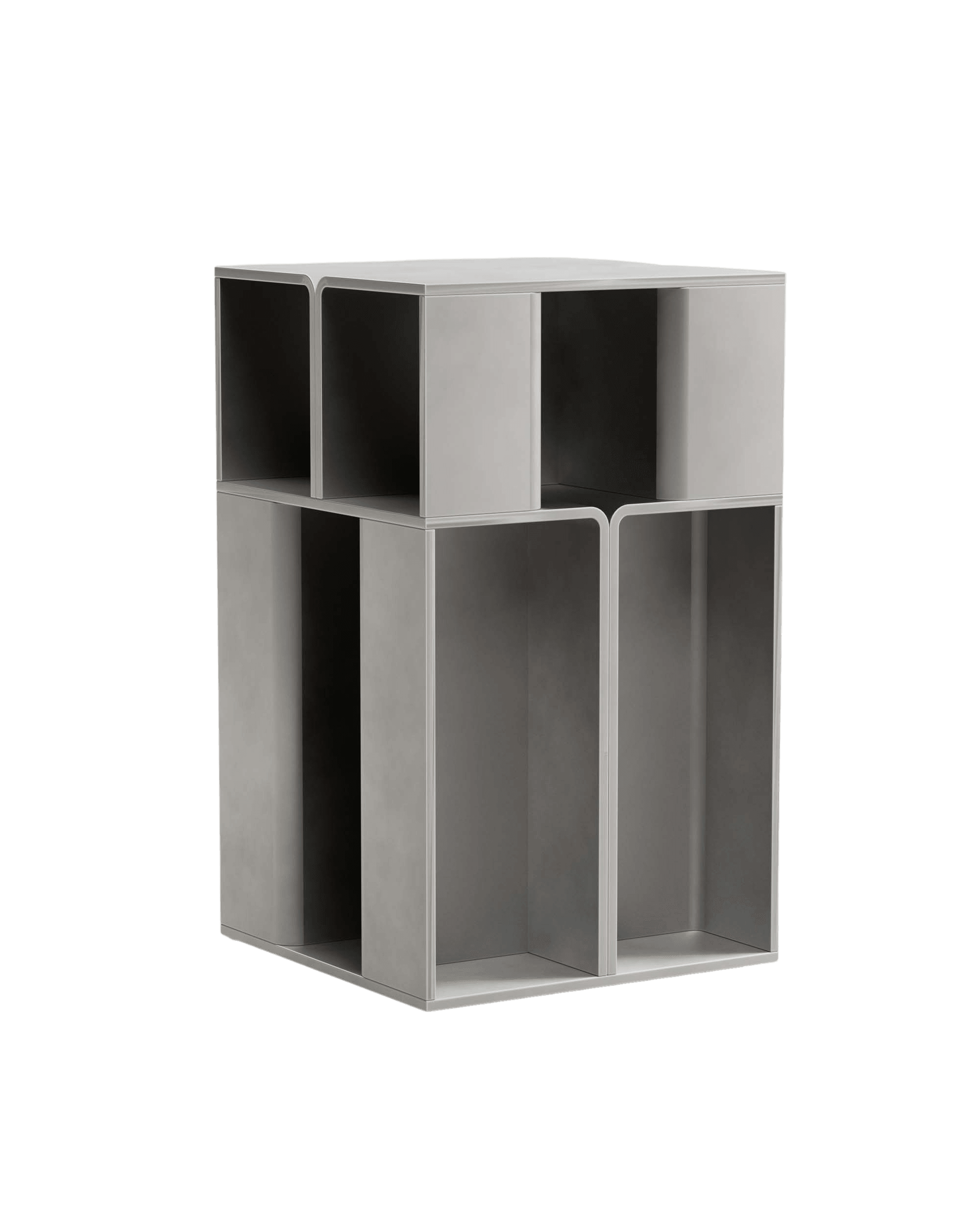 Section Side Table by Paul Coenen – two-tiered light-grey table with varied compartments and softly rounded corners