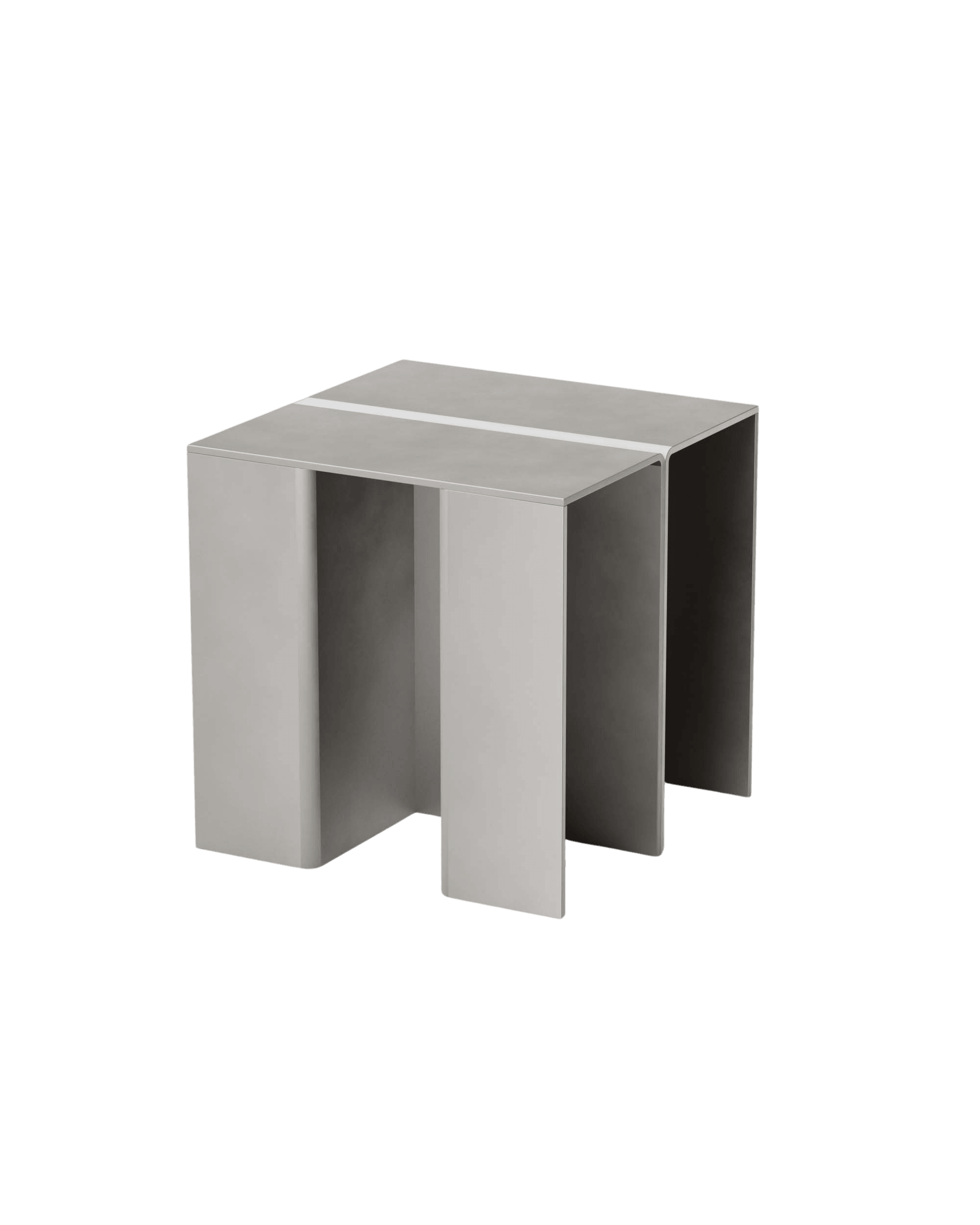 Section Stool by Paul Coenen – low-profile matte light-grey metal stool formed from a single bent sheet with accent strip