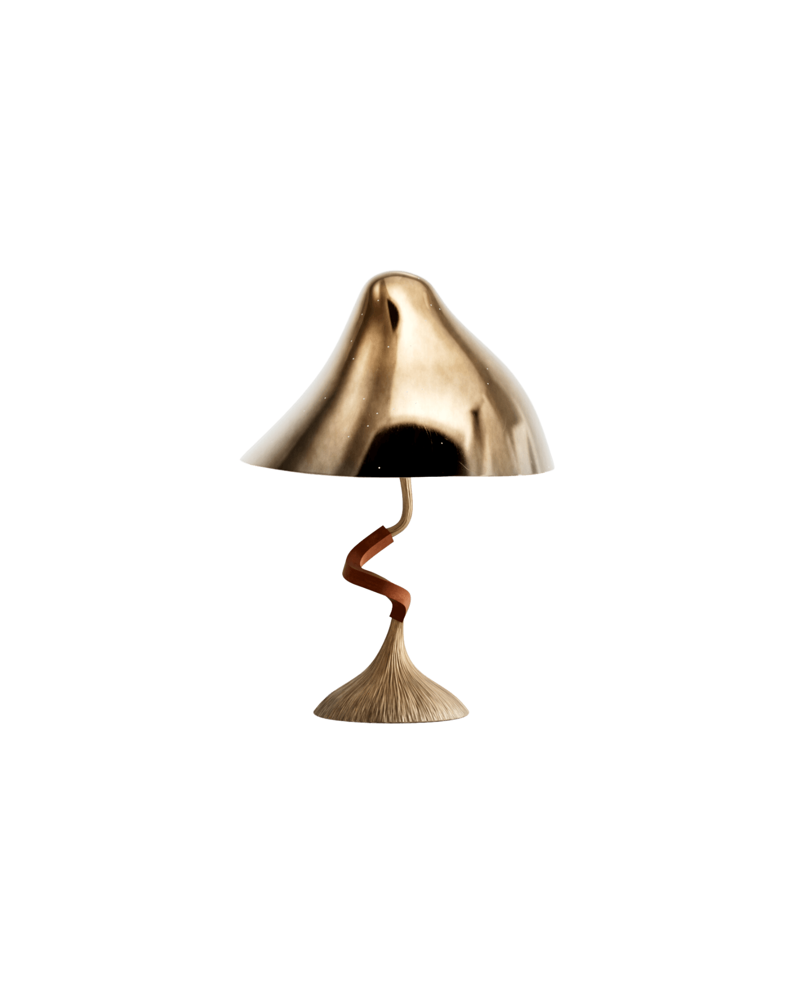 SHROOM table lamp by HAMREI – polished bronze asymmetric dome on carved reddish-brown wood stem, luxury designer lighting
