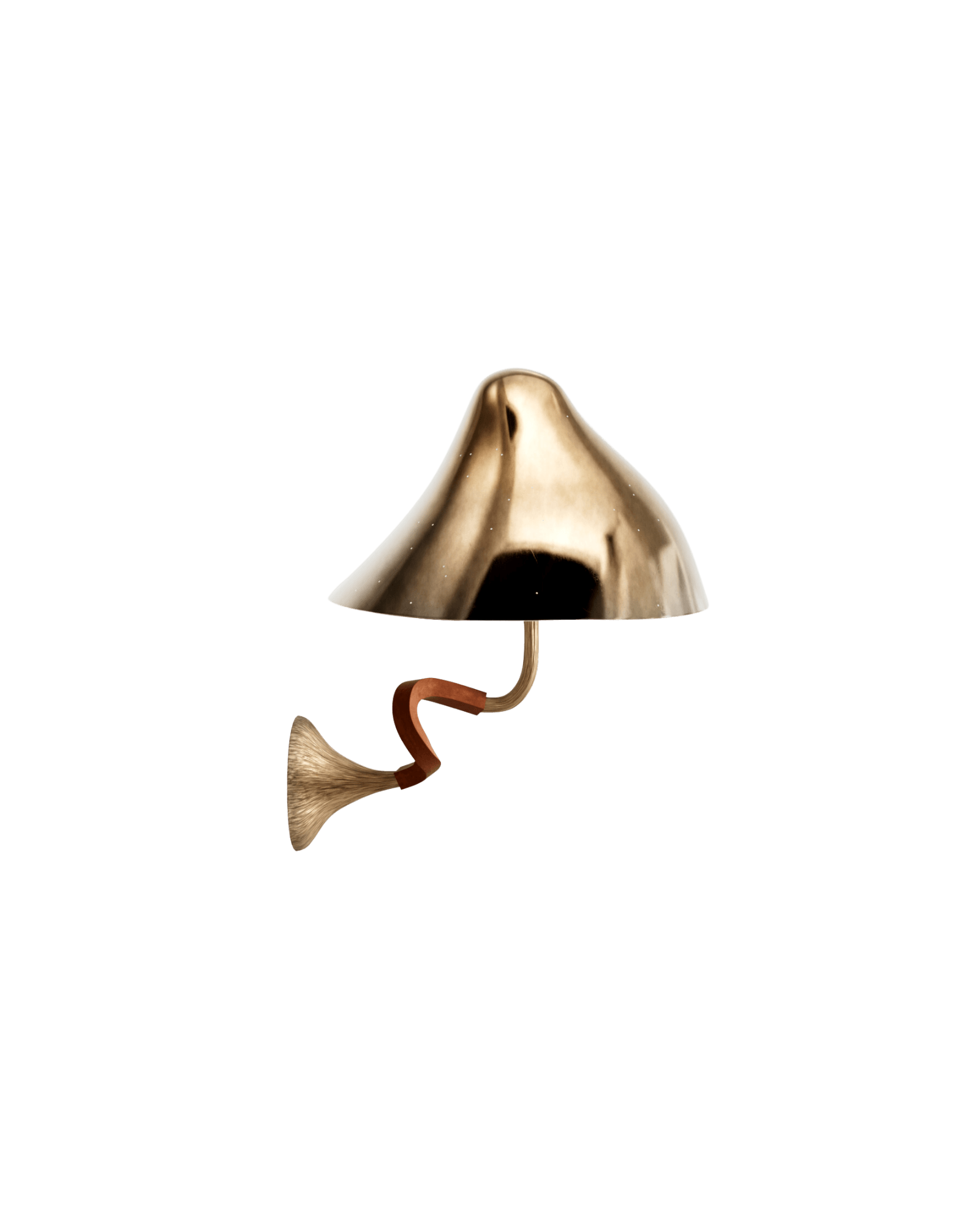 SHROOM wall lamp by HAMREI – polished brass bell shade, S-curve wood arm and textured brass mount, luxury lighting