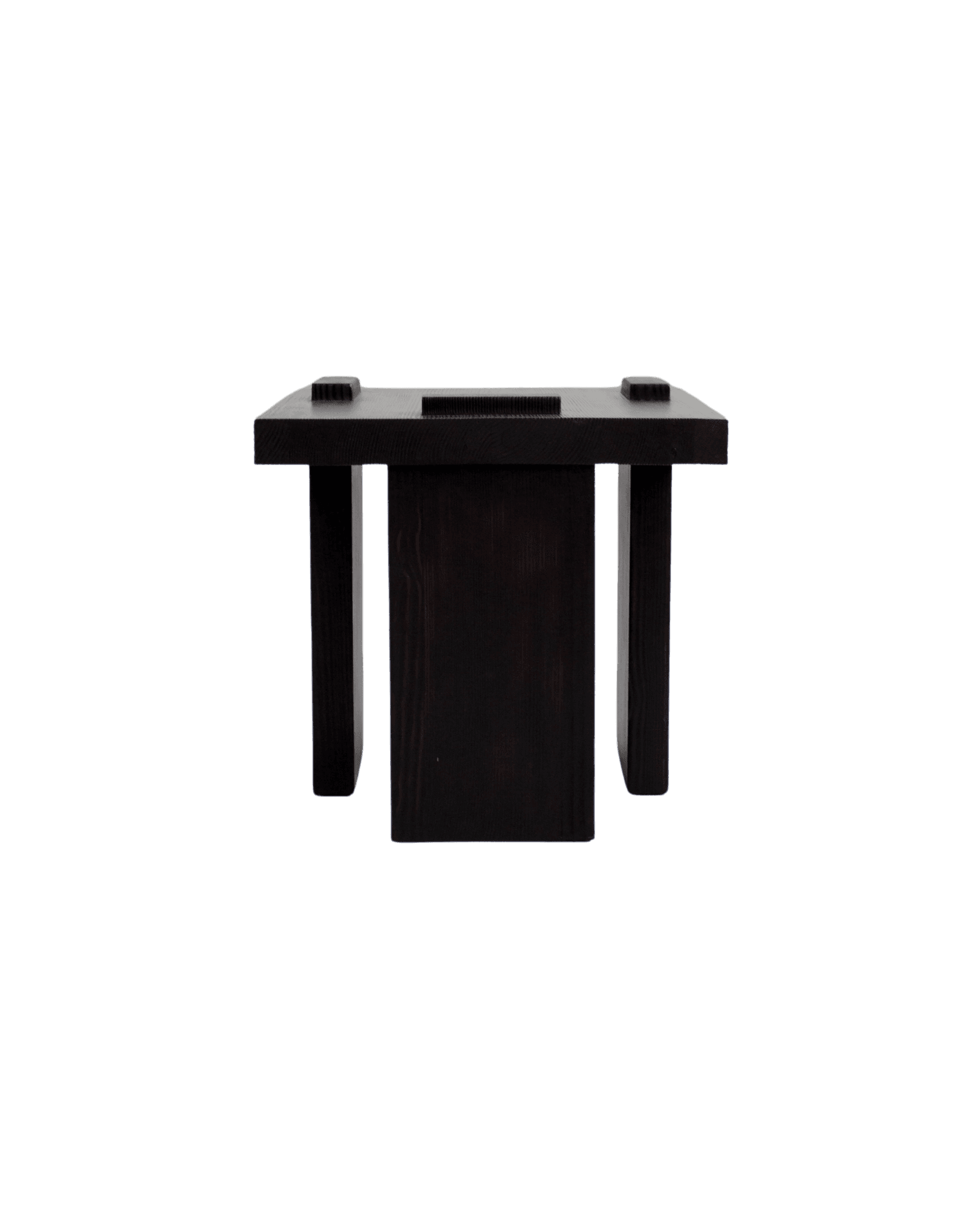 ItooRaba Side Table & Stool by Sizar Alexis – dark pine, ribbed elements on top with central cutout, block base