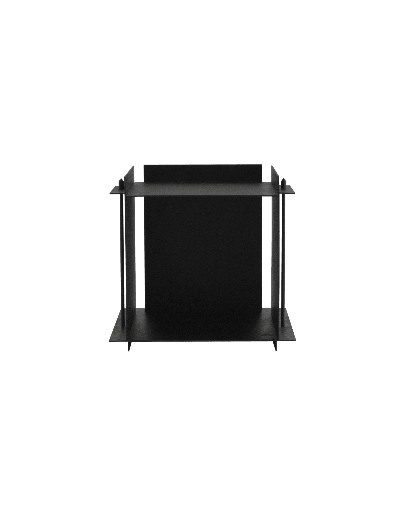 Pilier Side Table by Sizar Alexis - matte steel open shelf, visible round pins and two horizontal tiers