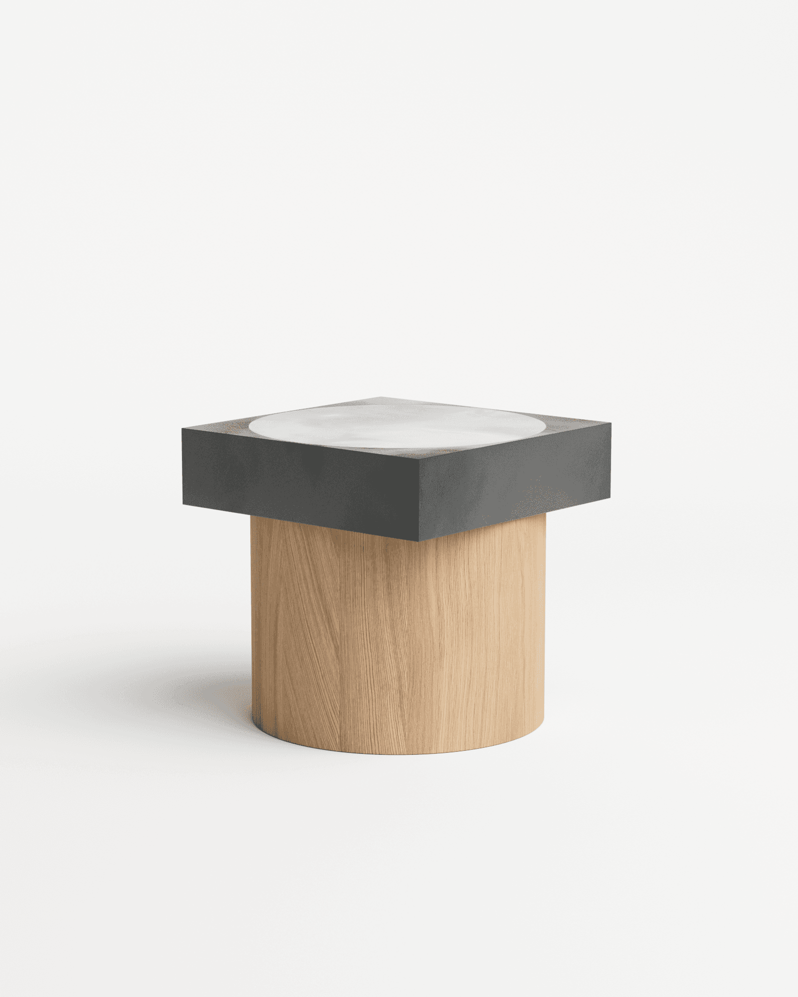 Slab side table by Benni Allan – square dark overhanging top with recessed circular basin on cylindrical oak base