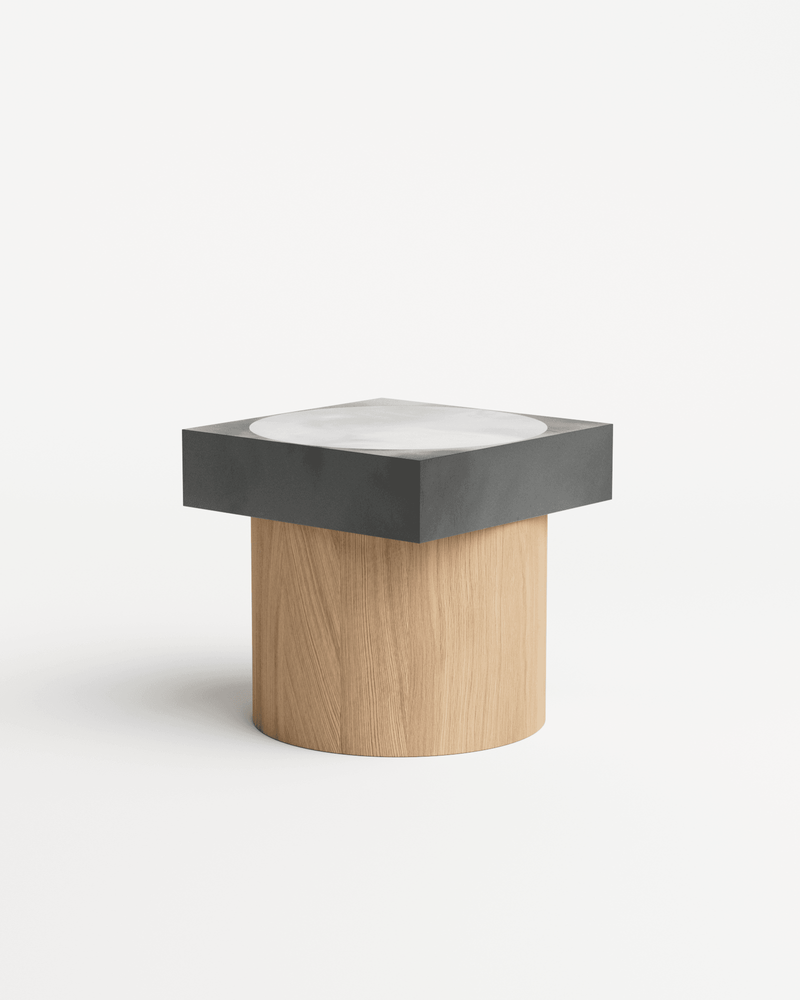 Slab side table by Benni Allan – square dark overhanging top with recessed circular basin on cylindrical oak base