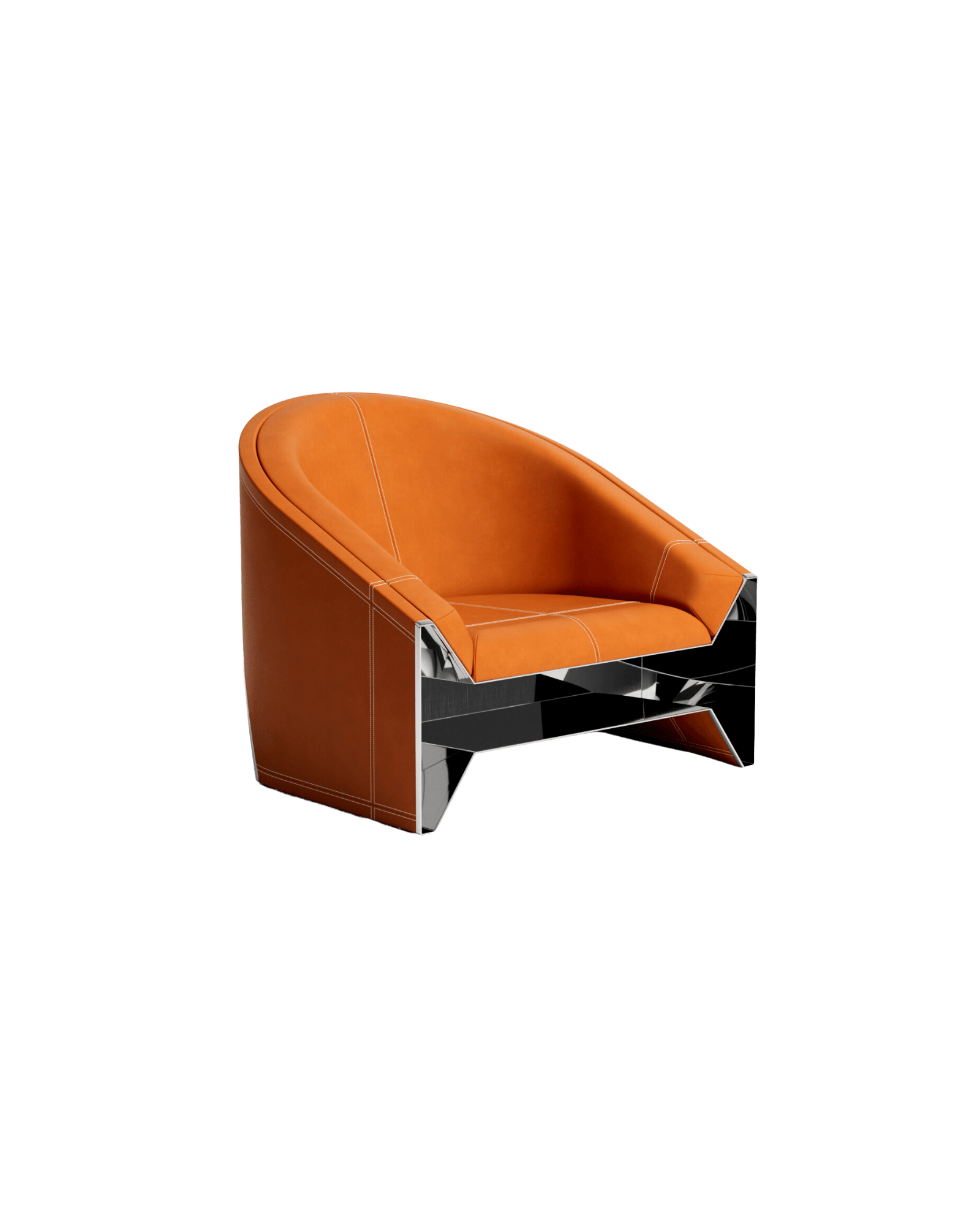 Armchair by Christophe Perichon - orange leather barrel form on angular polished chrome base