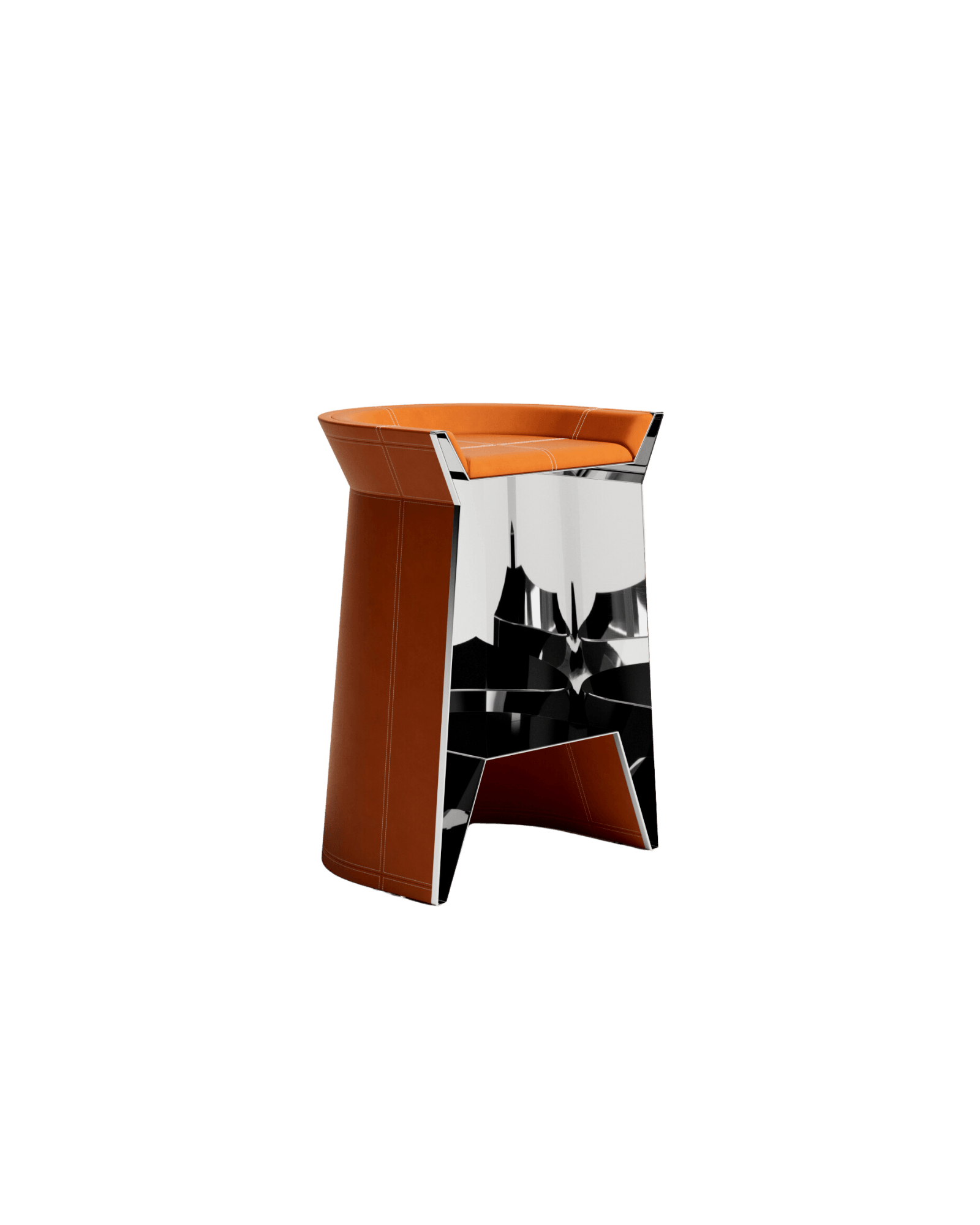Bar Stool by Christophe Perichon - orange leather seat on faceted silver stainless steel base