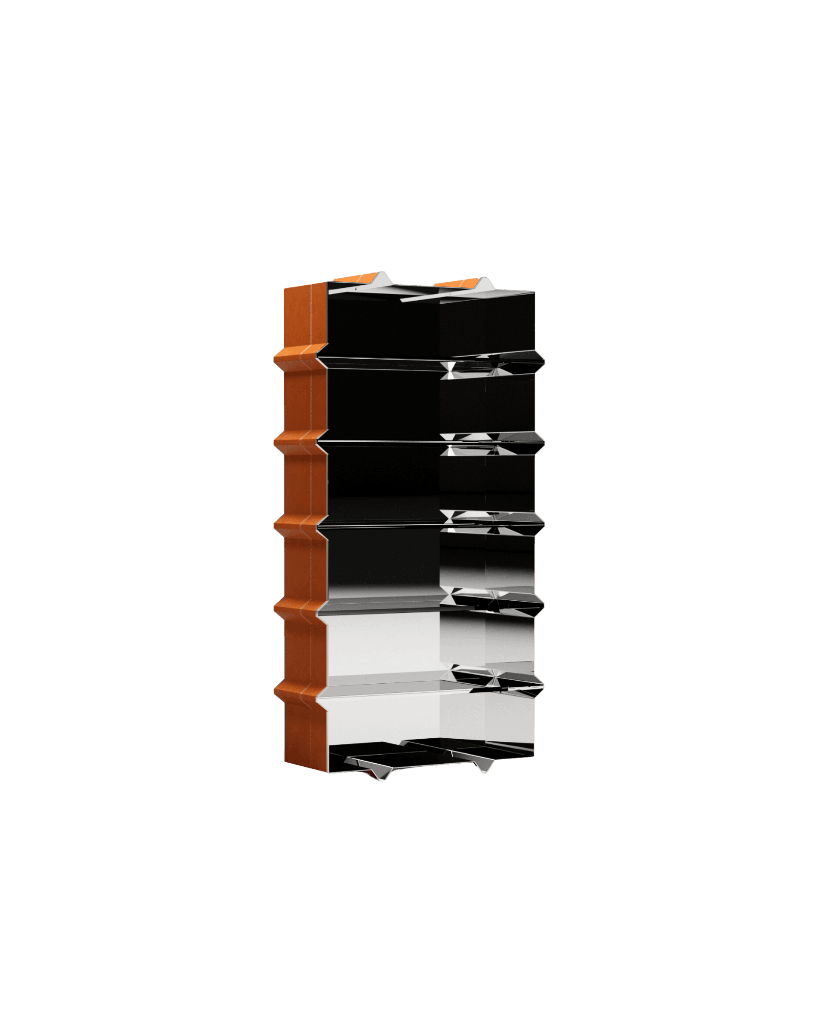 Bookcase by Christophe Perichon - stainless steel and leather, corrugated leather panel with white stitching