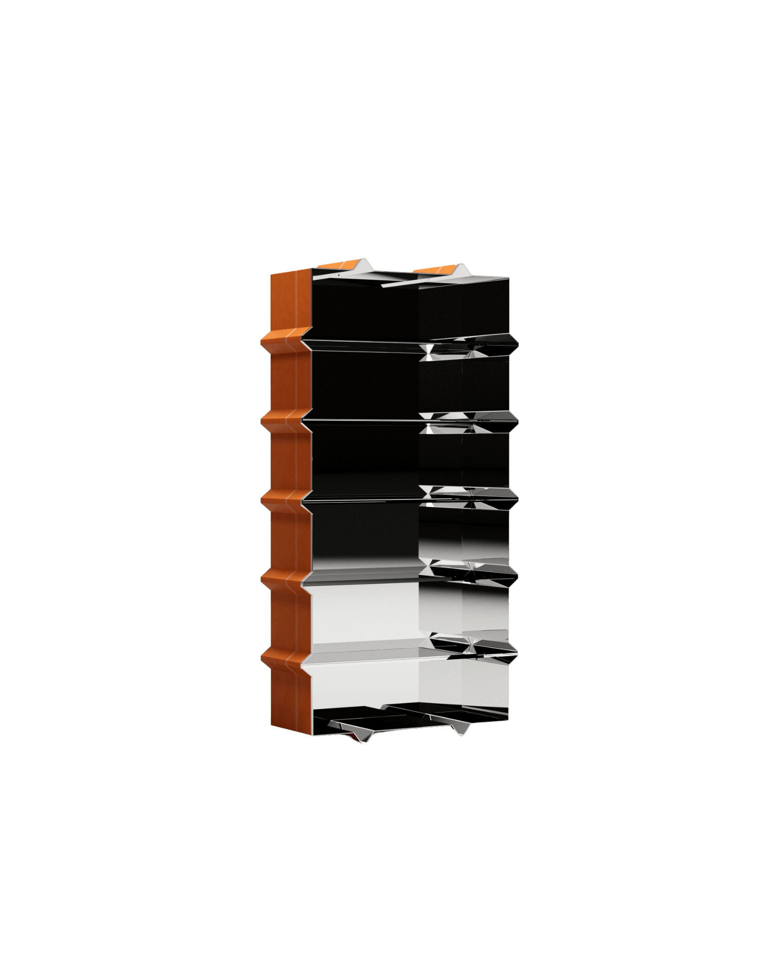 Bookcase by Christophe Perichon - stainless steel and leather, corrugated leather panel with white stitching