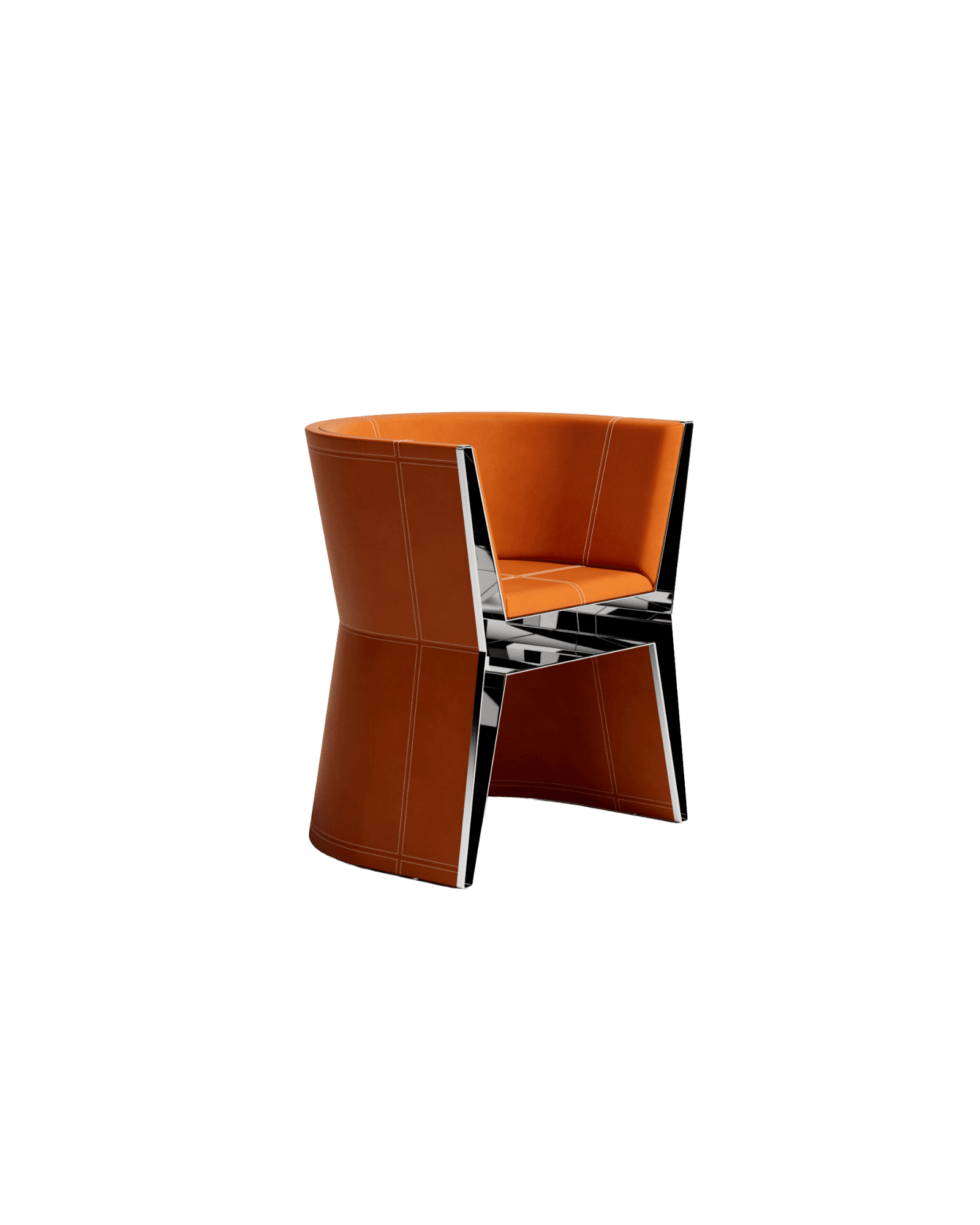 Chair by Christophe Périchon – leather and stainless steel, hourglass silhouette with white stitching