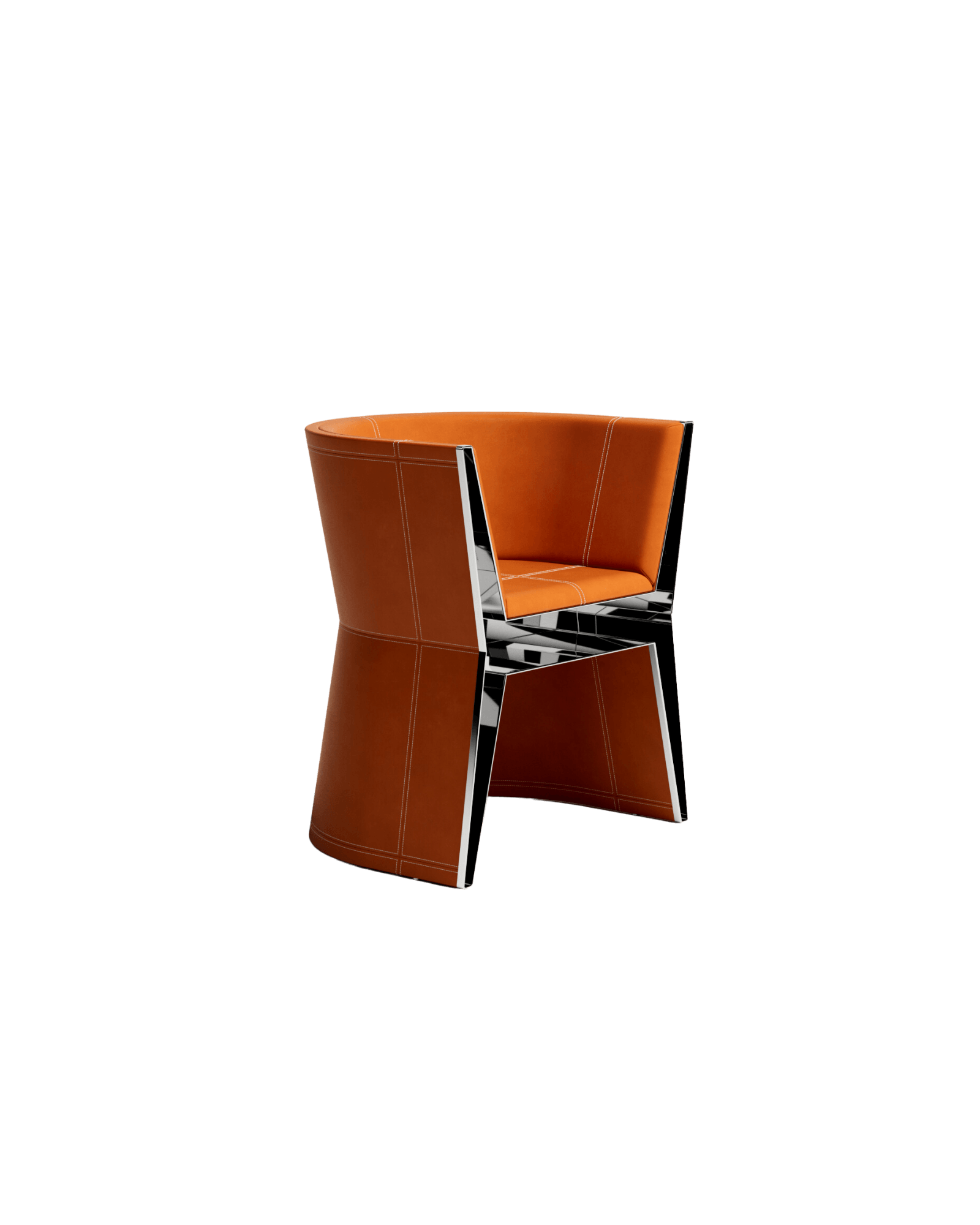 Chair by Christophe Périchon – leather and stainless steel, hourglass silhouette with white stitching