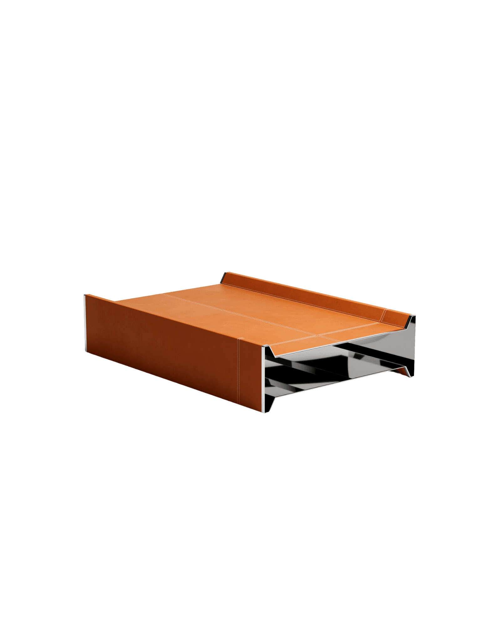 Stamp Coffee Table by Christophe Perichon - stainless steel and leather, tan leather wrapped top with white stitching