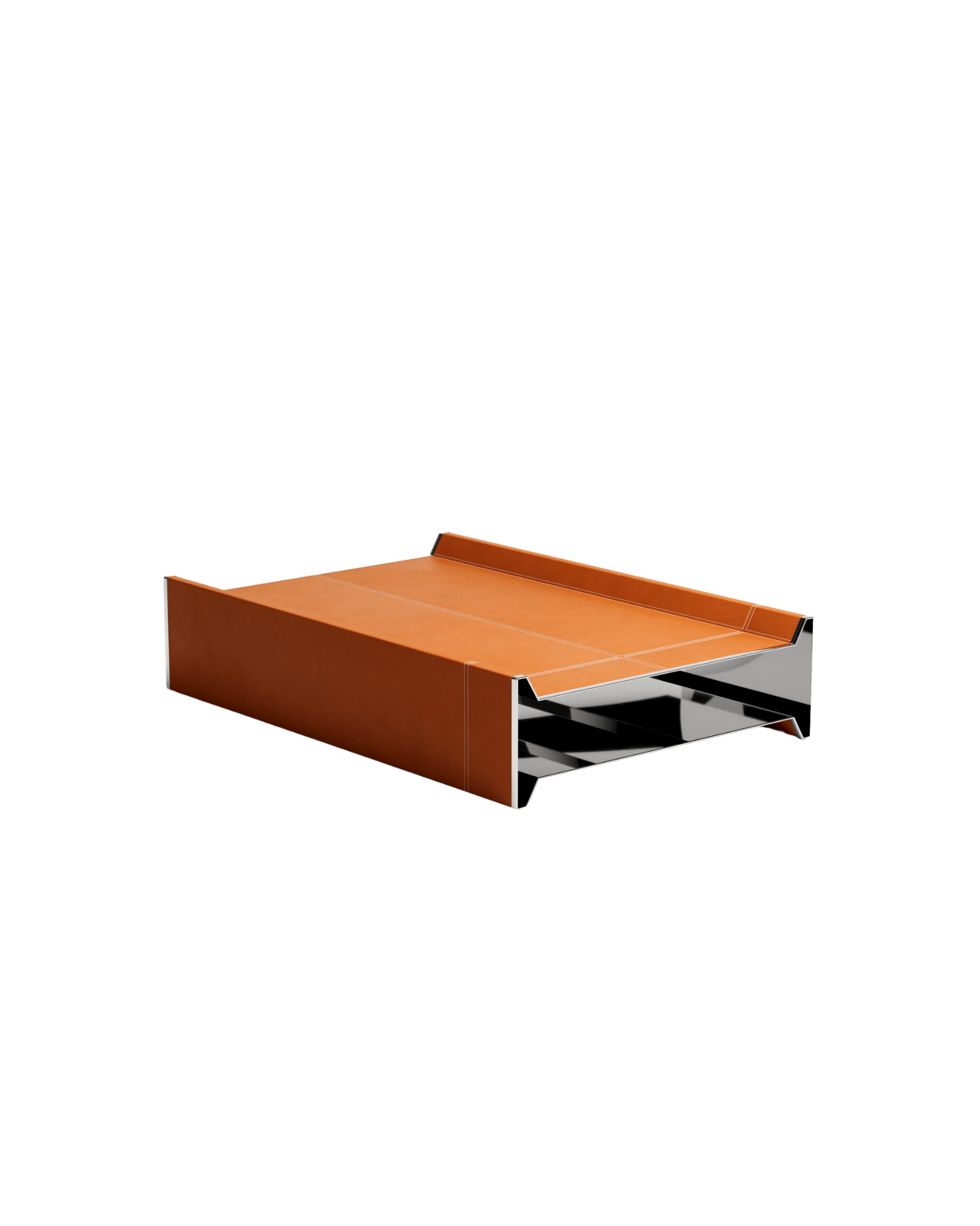 Stamp Coffee Table by Christophe Perichon - stainless steel and leather, tan leather wrapped top with white stitching