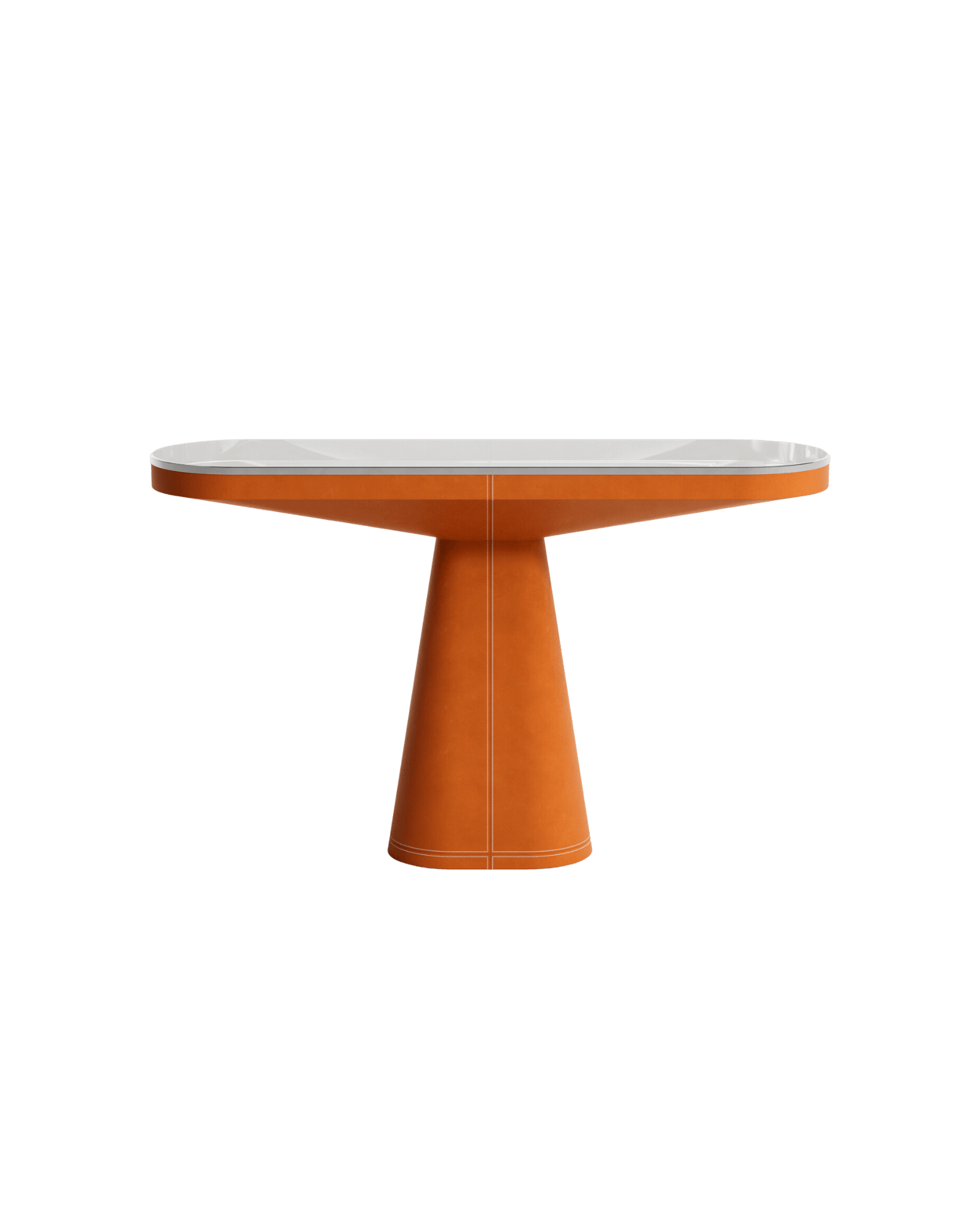 Stamp Console by Christophe Perichon - glass and leather, glass top on tapered orange leather pedestal