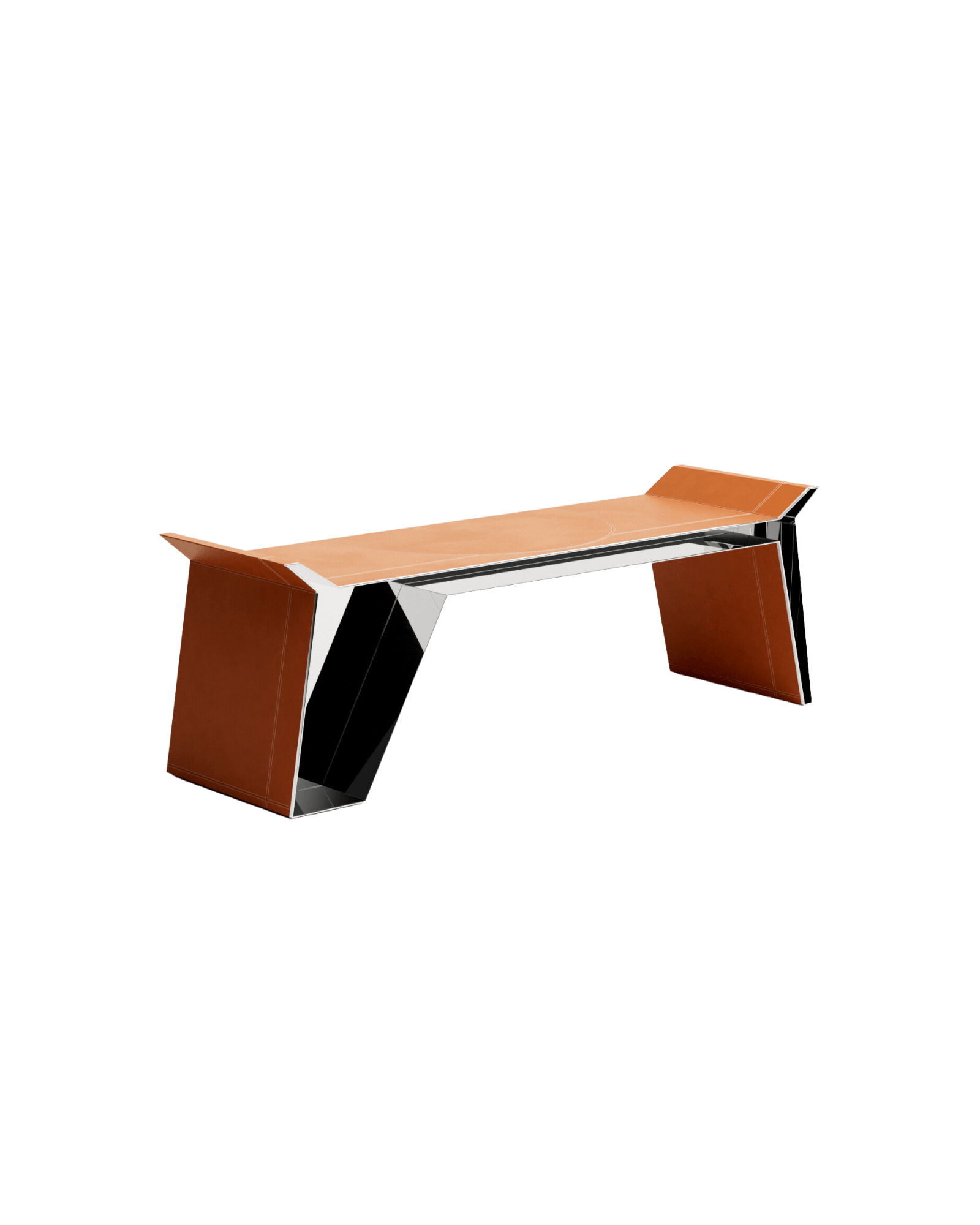 Stamp Desk by Christophe Perichon - stainless steel and leather, tan leather top with white stitching