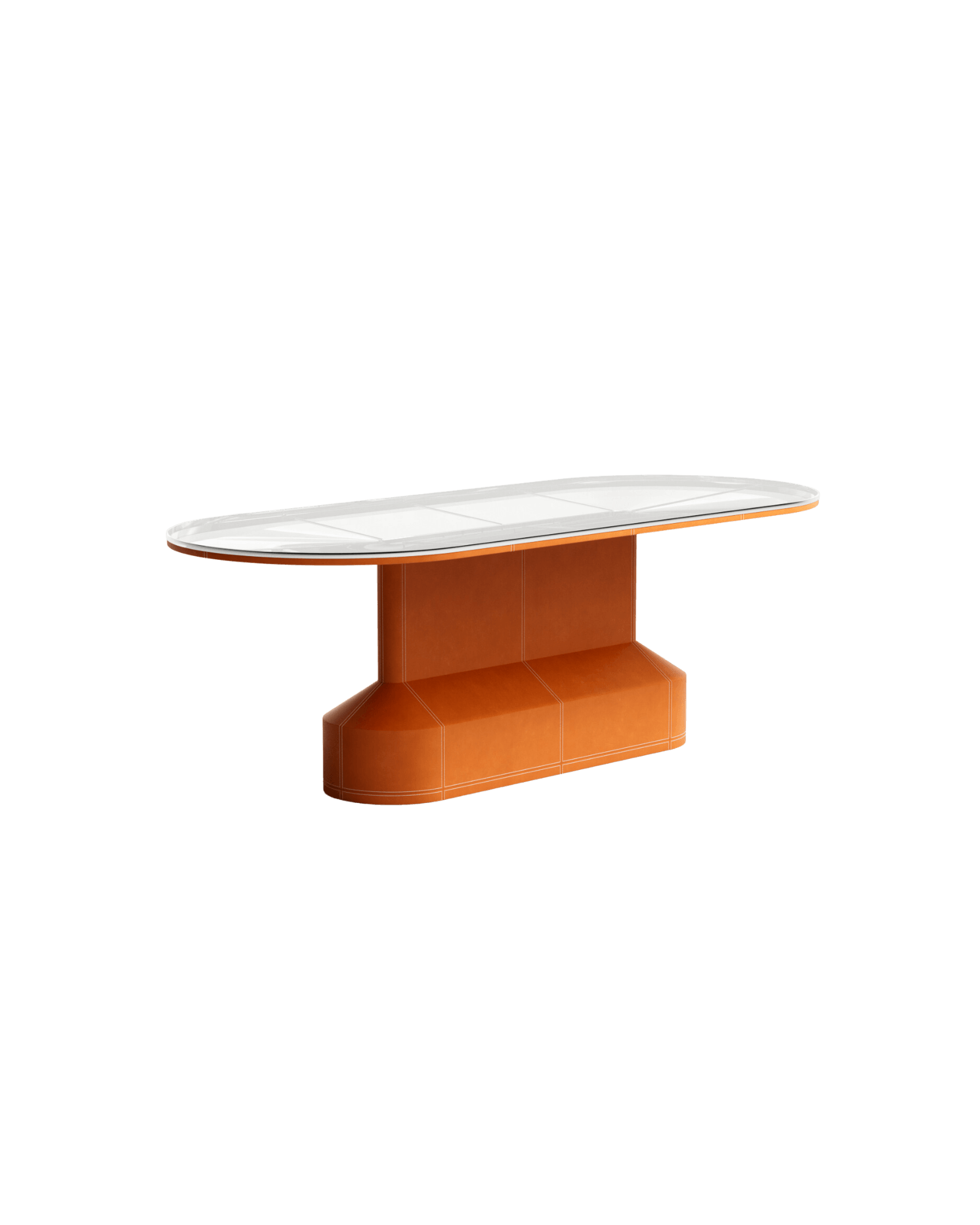 Stamp Oval Dining Table by Christophe Perichon - glass and leather, rounded leather pedestal with white stitching