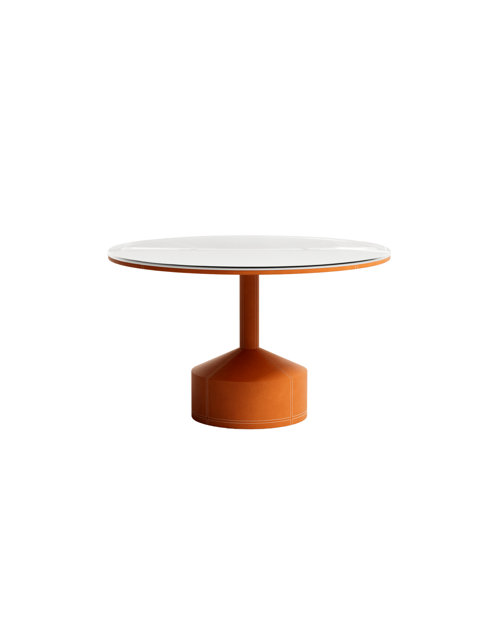 Round Dining Table by Christophe Perichon - stainless steel and leather, orange conical pedestal with white stitching