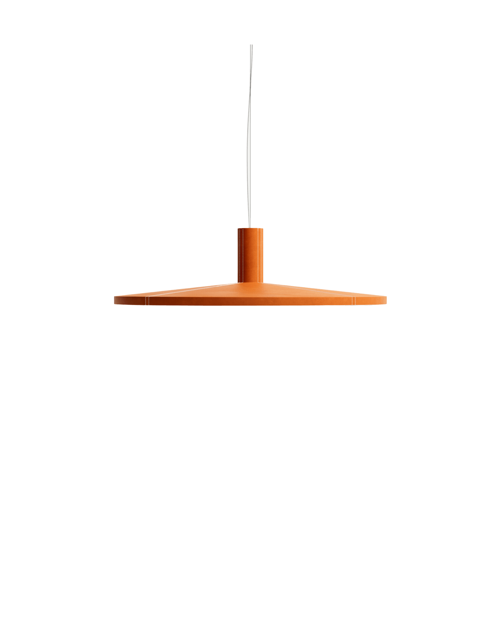 Round Pendant Lamp by Christophe Perichon - orange leather, flat disc shade with white stitching, suspended on wire