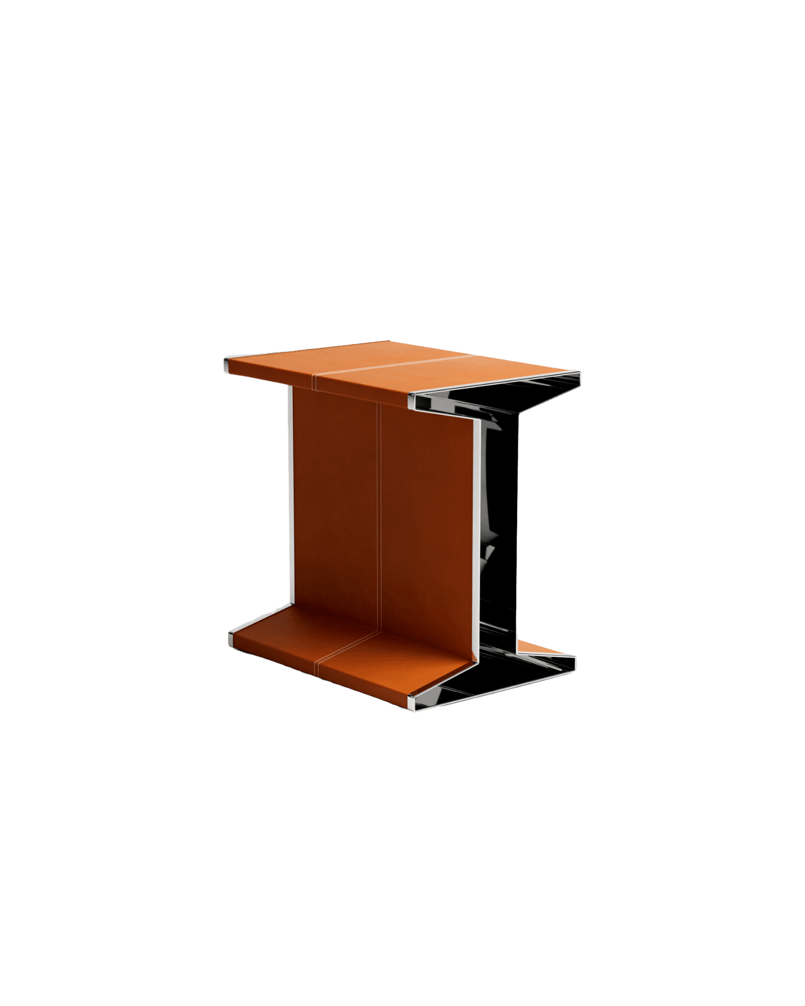 Stamp Side Table by Christophe Perichon - stainless steel and leather, I-beam silhouette with white stitching