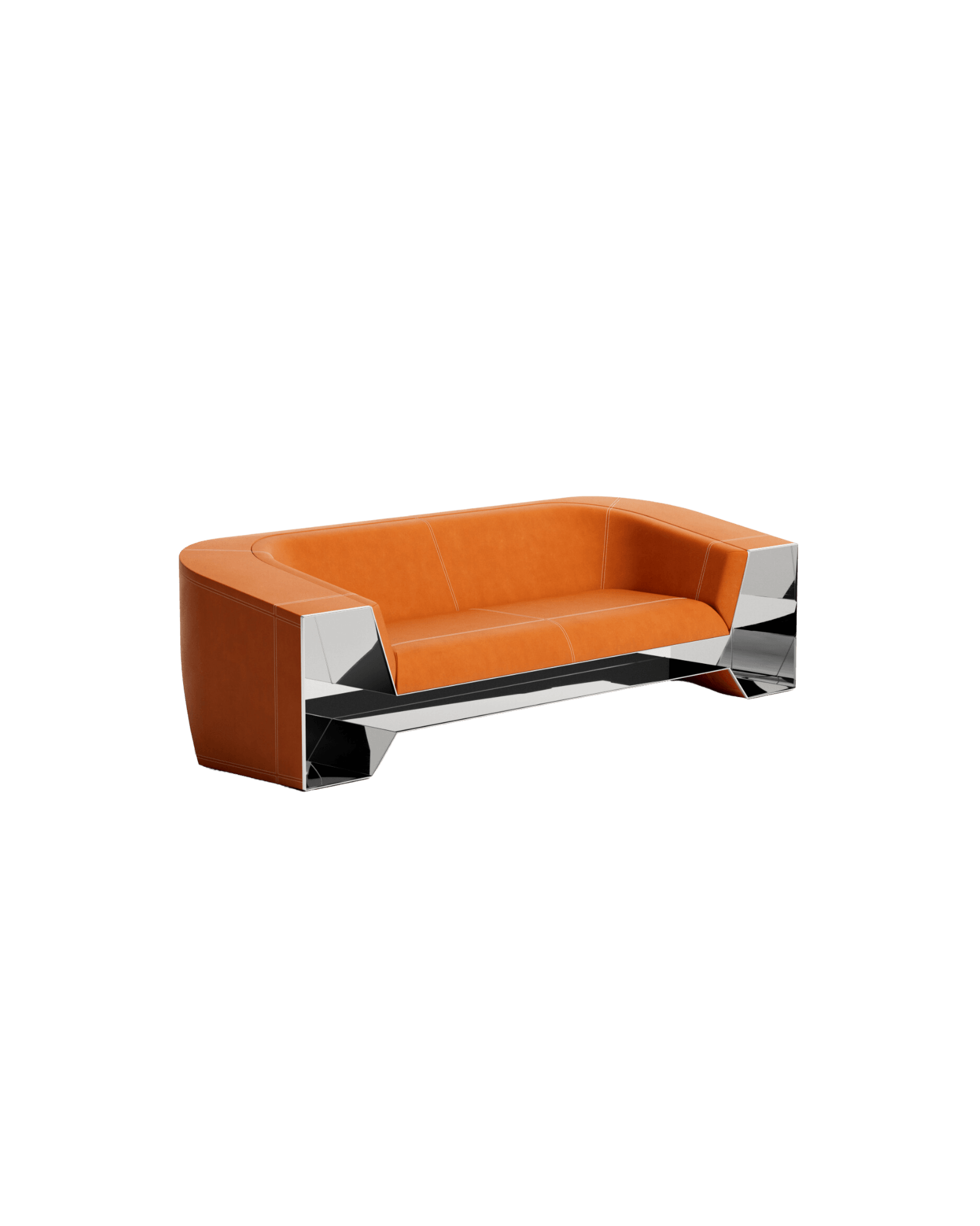 Stamp Sofa by Christophe Perichon - orange leather upholstery with white stitching, faceted polished metal base