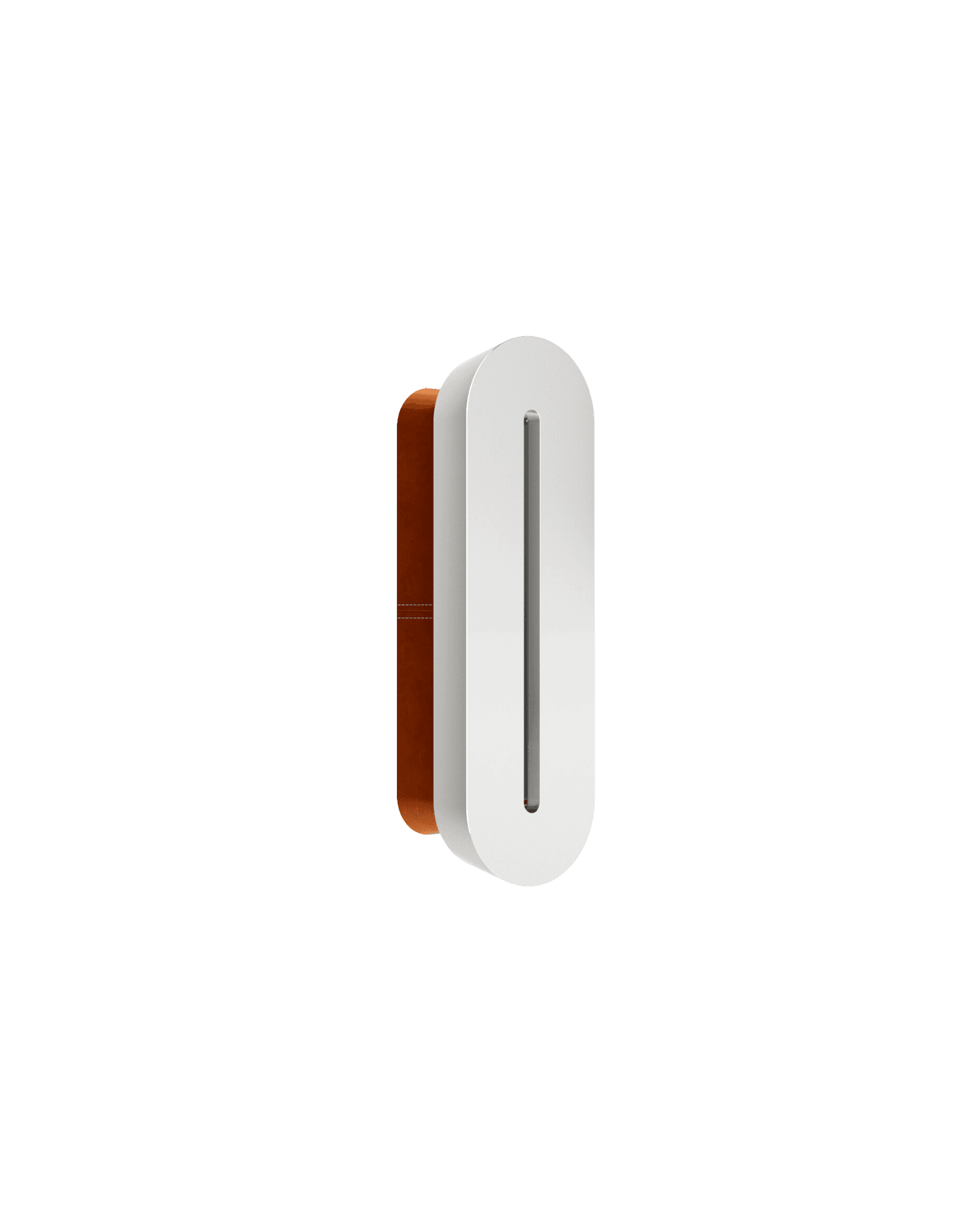 Stamp Wall Lamp by Christophe Perichon - stainless steel and leather, white shell with vertical slit over leather backing