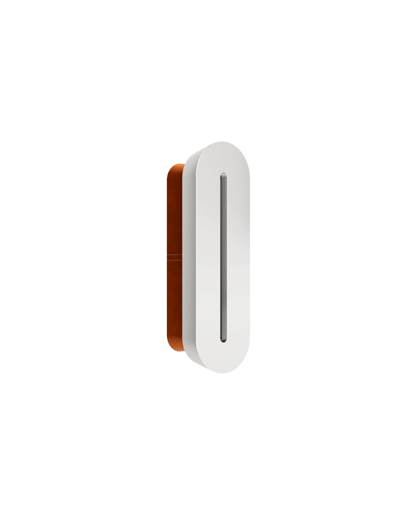 Stamp Wall Lamp by Christophe Perichon - stainless steel and leather, white shell with vertical slit over leather backing