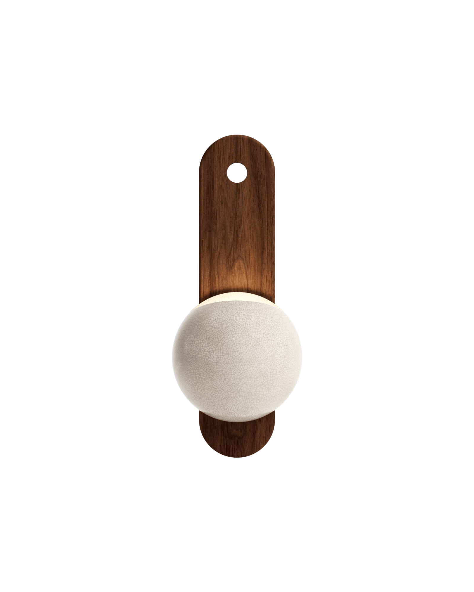 Stellar Éros wall lamp by Hiromi – elongated walnut backplate with crackled enamel sphere diffuser