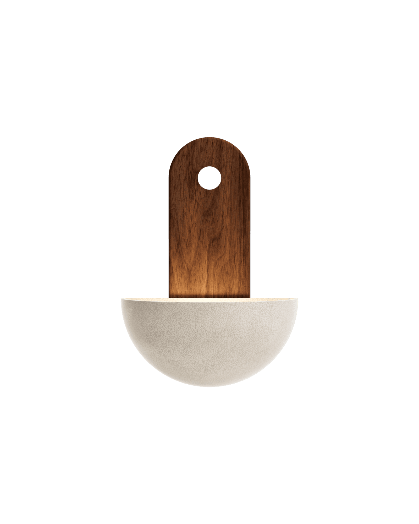 Stellar Ida wall lamp by Hiromi – walnut vertical element set in a crackled enamel half-sphere bowl