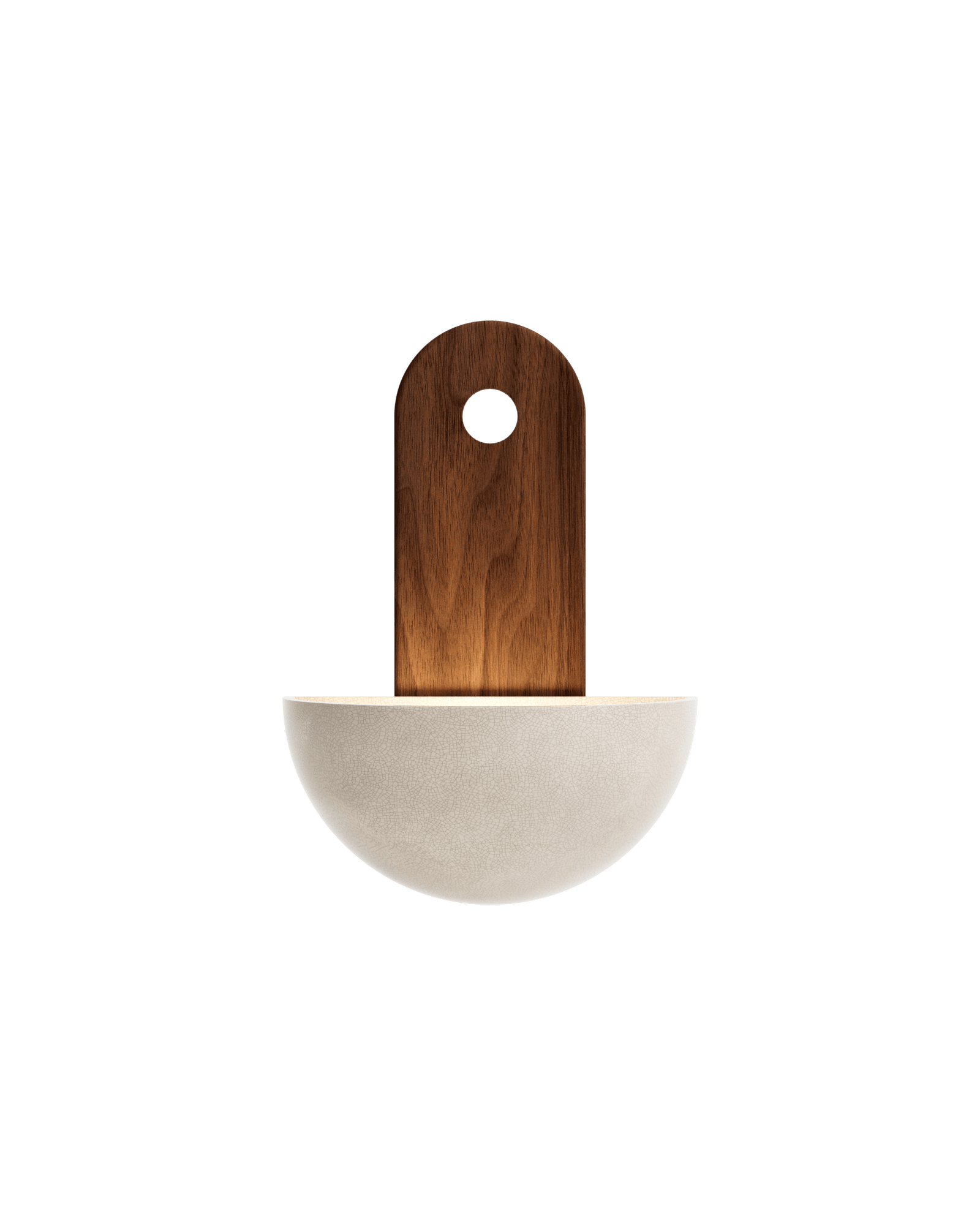 Stellar Ida wall lamp by Hiromi – walnut vertical element set in a crackled enamel half-sphere bowl