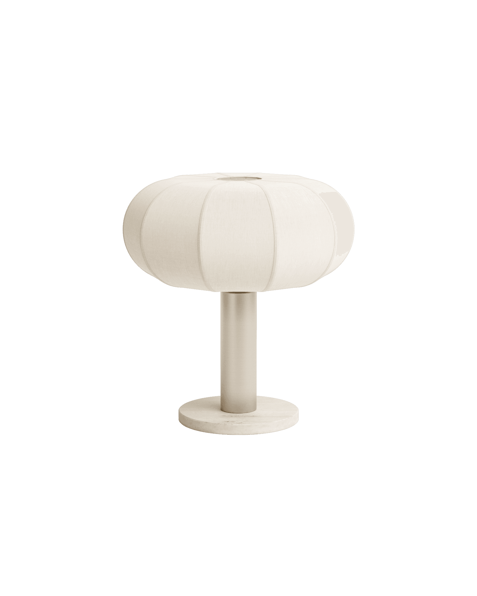 Stellata table lamp by François Bazin – wide flattened off-white textile shade on brushed steel stem with stone base