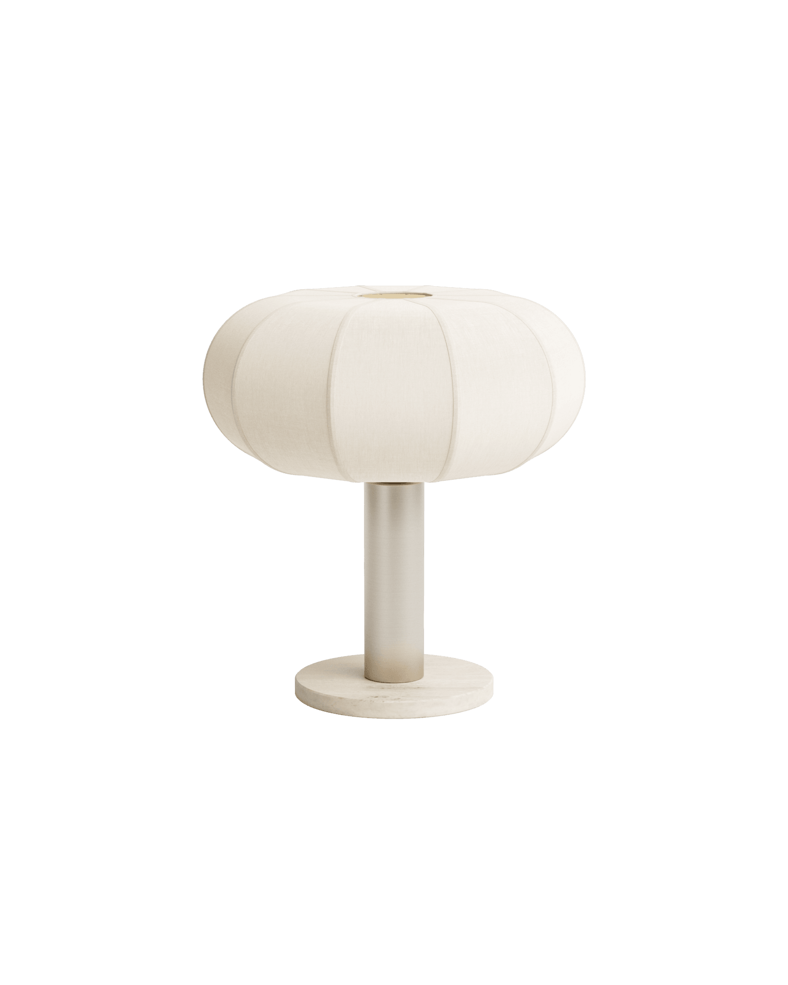 Stellata table lamp by François Bazin – wide flattened off-white textile shade on brushed steel stem with stone base