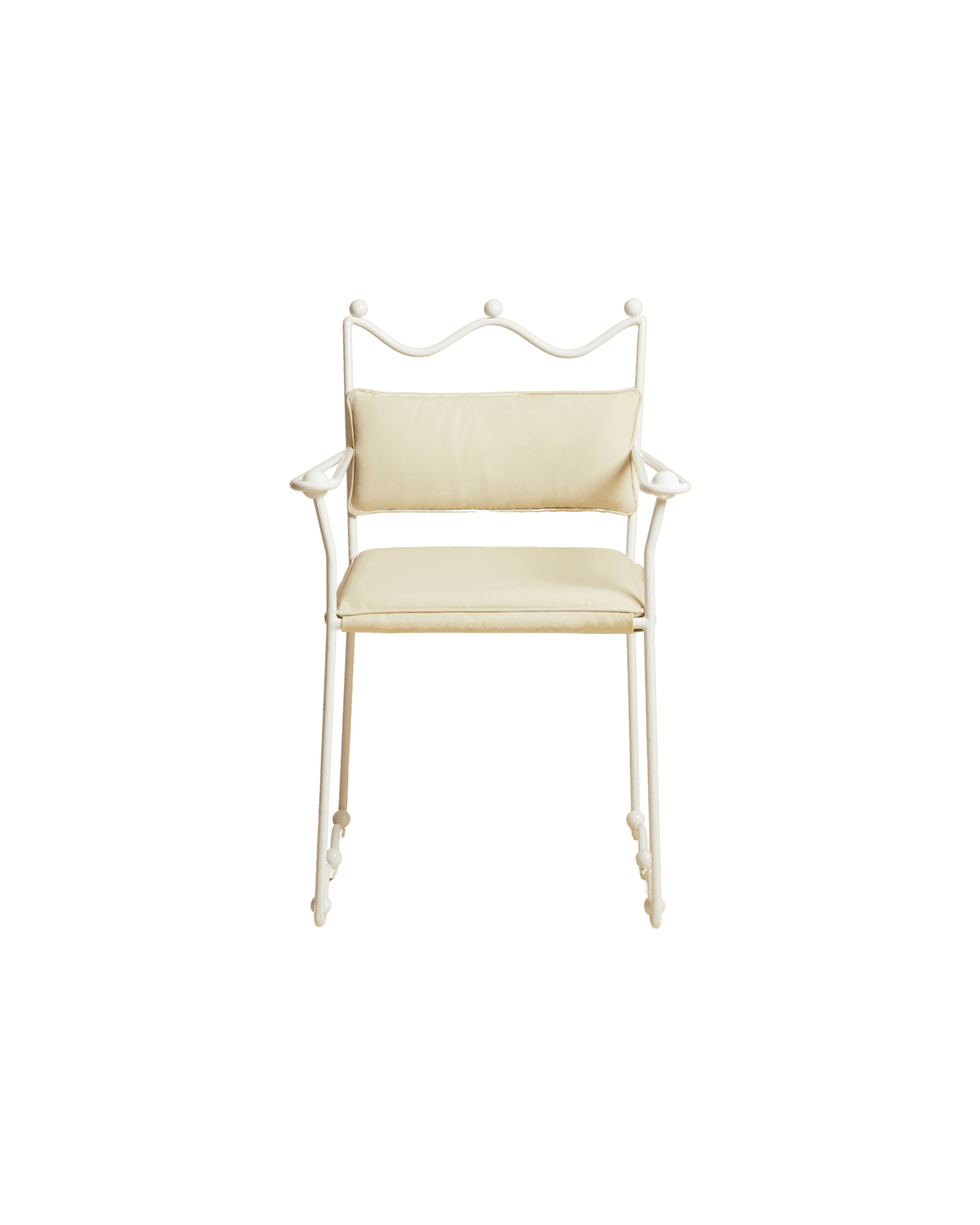 Reine Armchair by Studio Ebur - white metal frame with wavy crown backrest and removable cream cushions