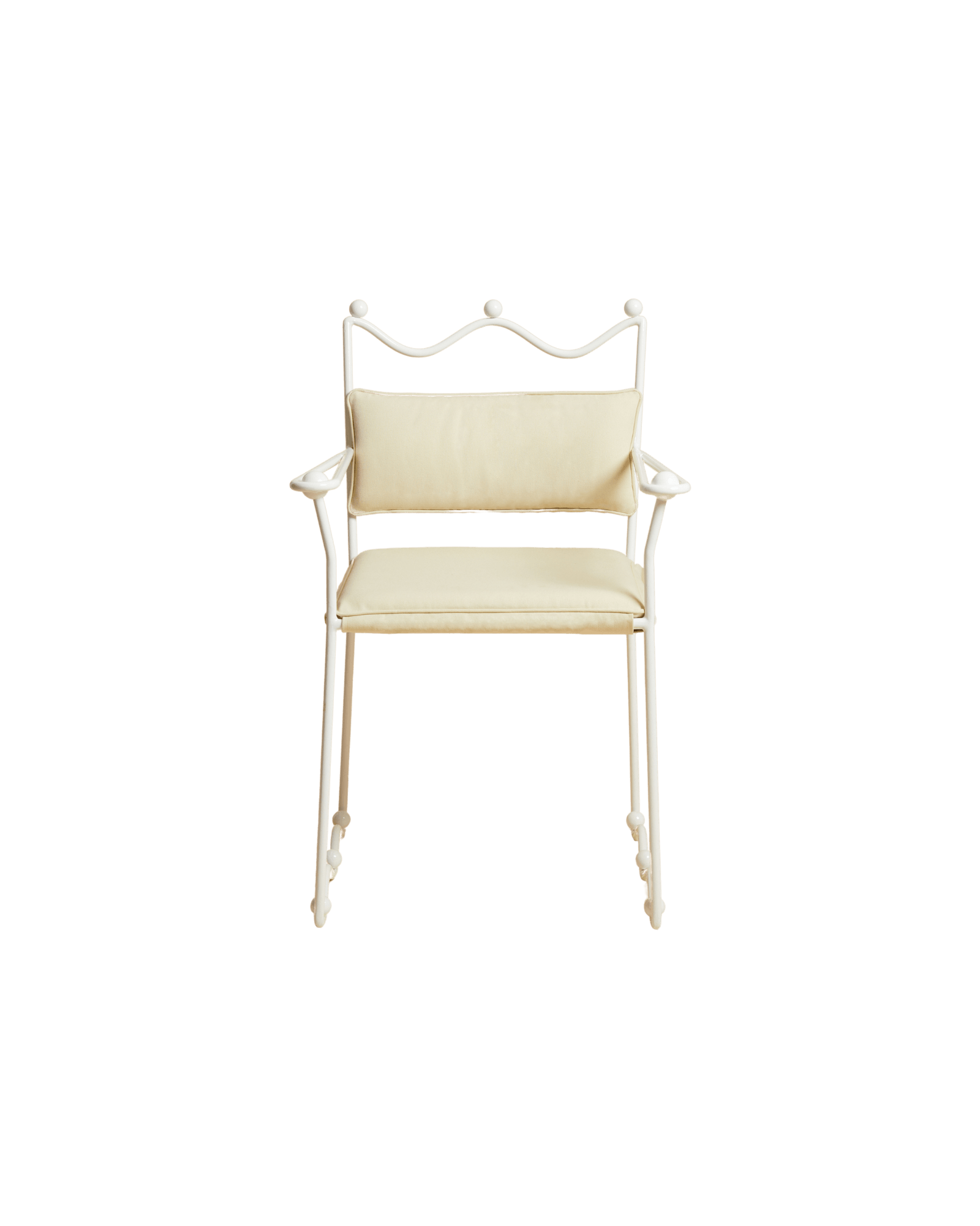 Reine Armchair by Studio Ebur - white metal frame with wavy crown backrest and removable cream cushions