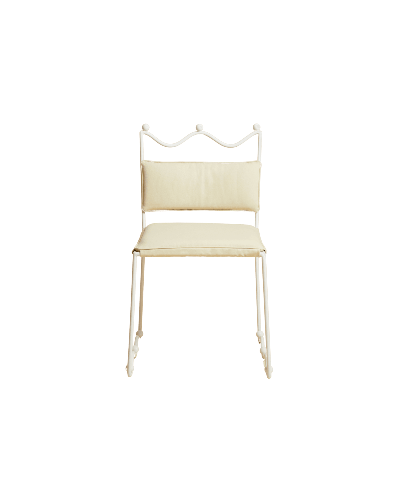 Reine Chair by Studio Ebur - white metal frame with wavy crown backrest and three spherical finials