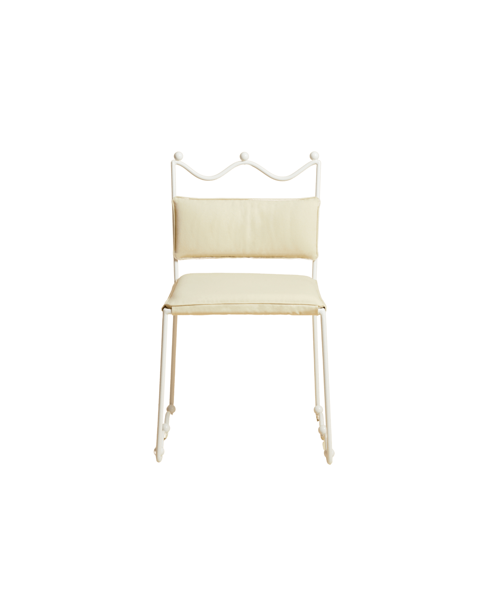 Reine Chair by Studio Ebur - white metal frame with wavy crown backrest and three spherical finials