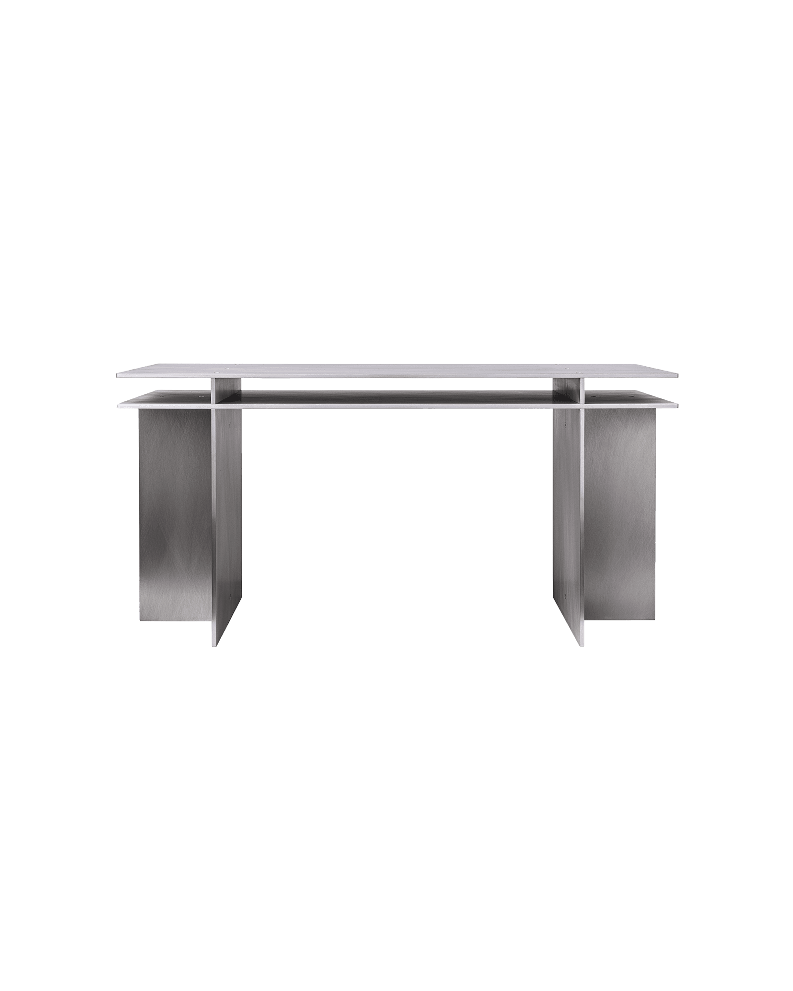 AL Desk by Johan Viladrich - two-tier brushed aluminium desk with U-shaped legs, open layered contemporary design