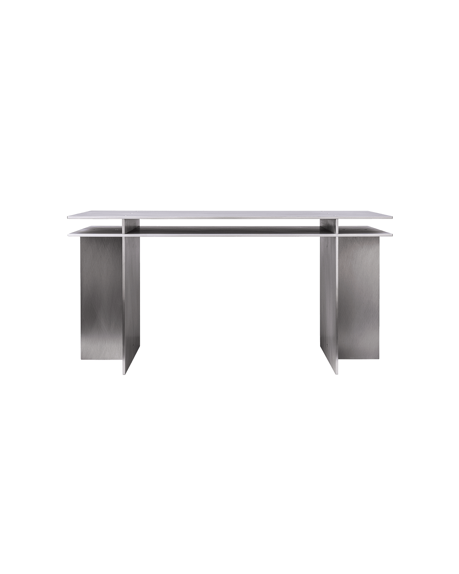 AL Desk by Johan Viladrich - two-tier brushed aluminium desk with U-shaped legs, open layered contemporary design