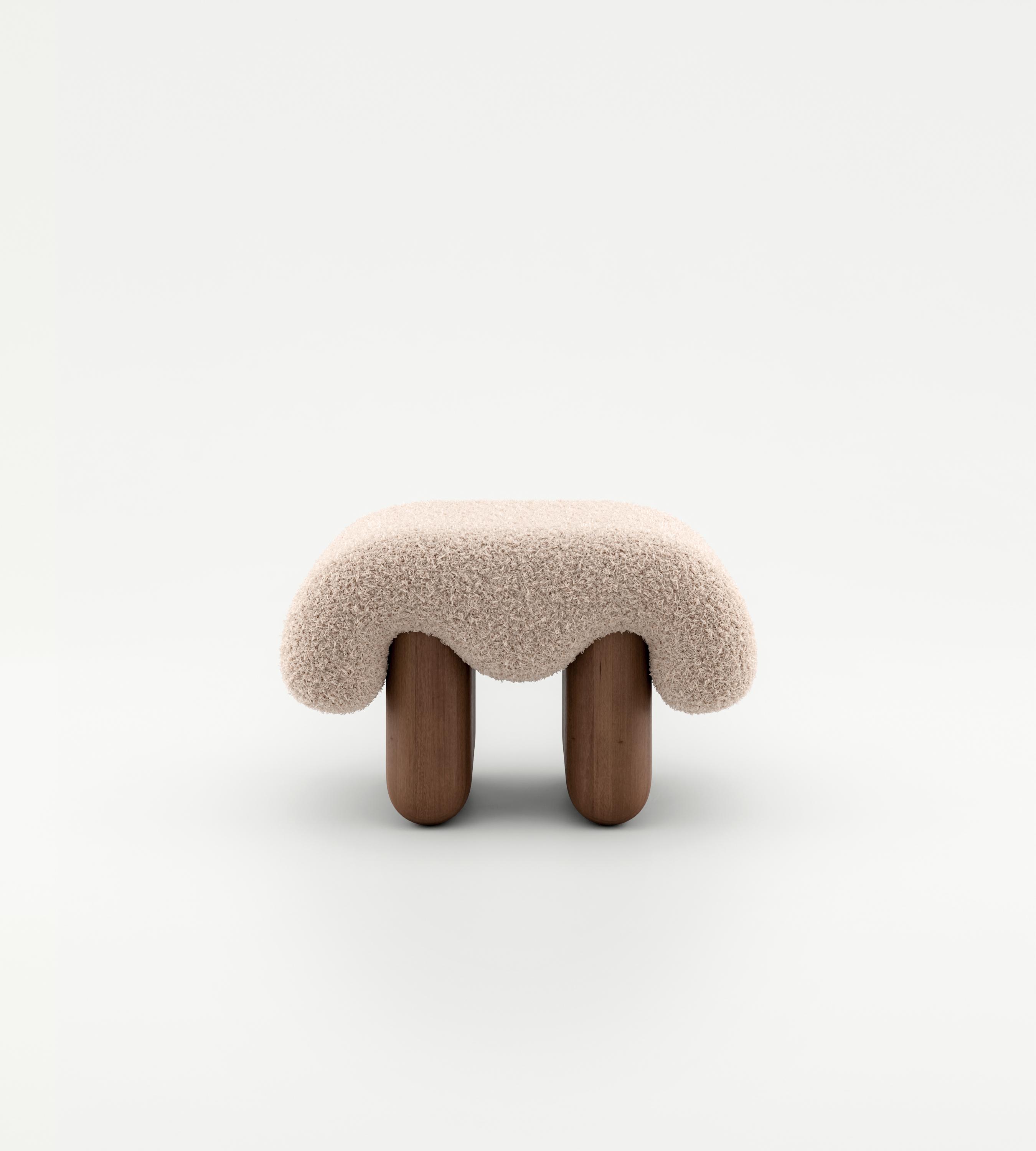 Cream shaggy sculptural pouf with wood legs, Lamb Pouf from The Lamb collection by Vova Naumov