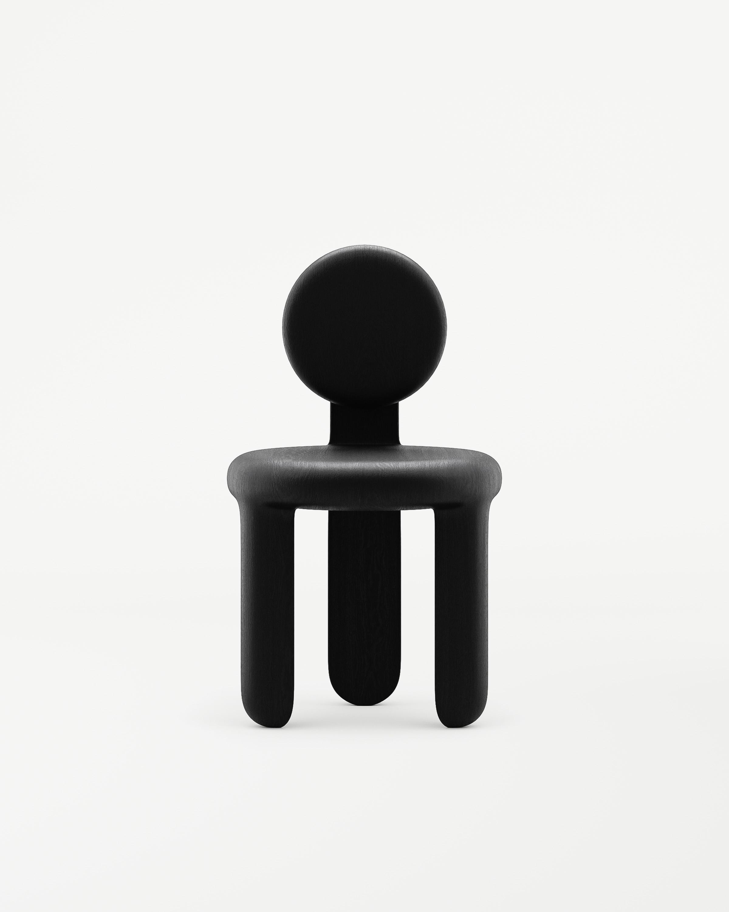 Black sculptural wood chair Do Re Mi, The Lamb collection by Vova Naumov, spherical backrest and curved legs