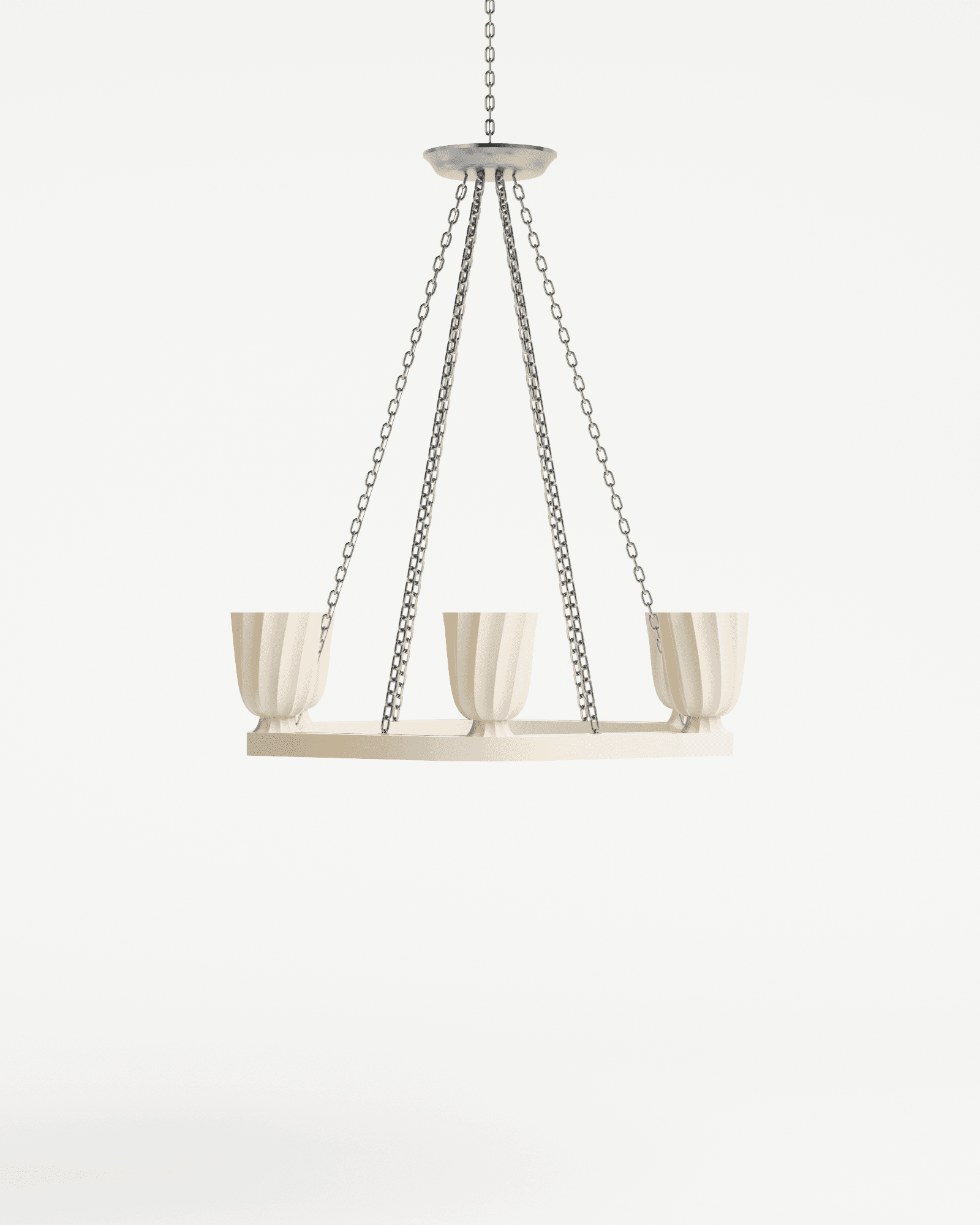 Trama chandelier by Haddou-Dufourcq – elongated bar with three fluted cup-shaped lights, cream and silver
