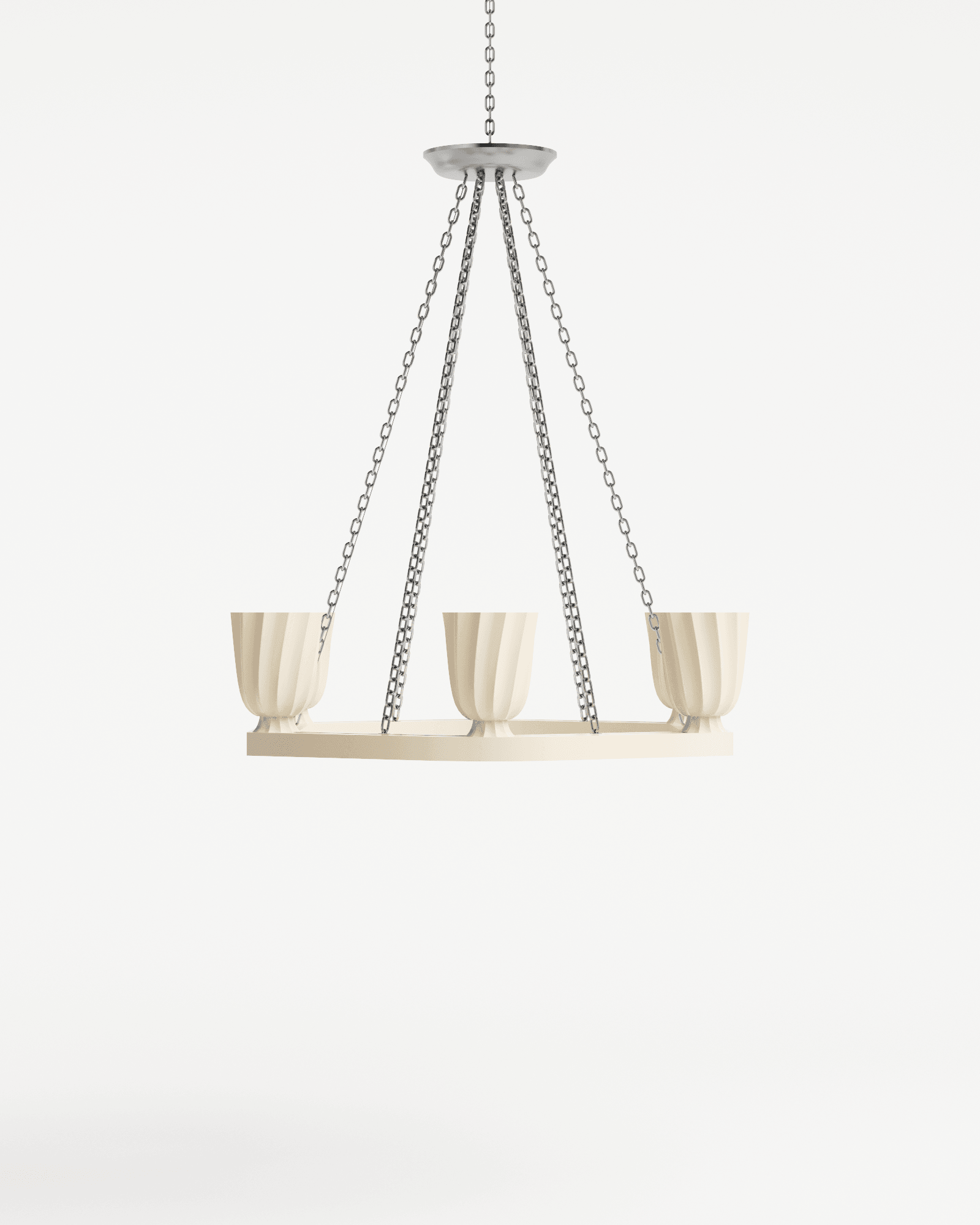 Trama chandelier by Haddou-Dufourcq – elongated bar with three fluted cup-shaped lights, cream and silver