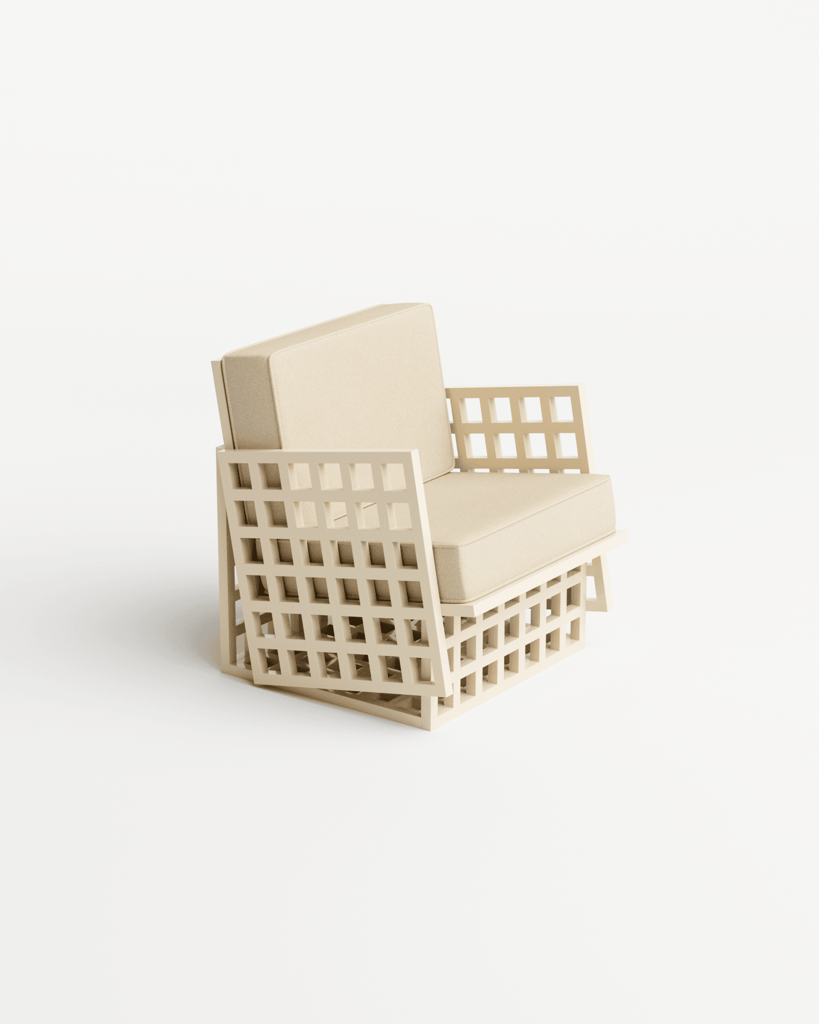 Trama armchair by Haddou-Dufourcq – open-work beige grid wooden frame with thick cream upholstered cushions