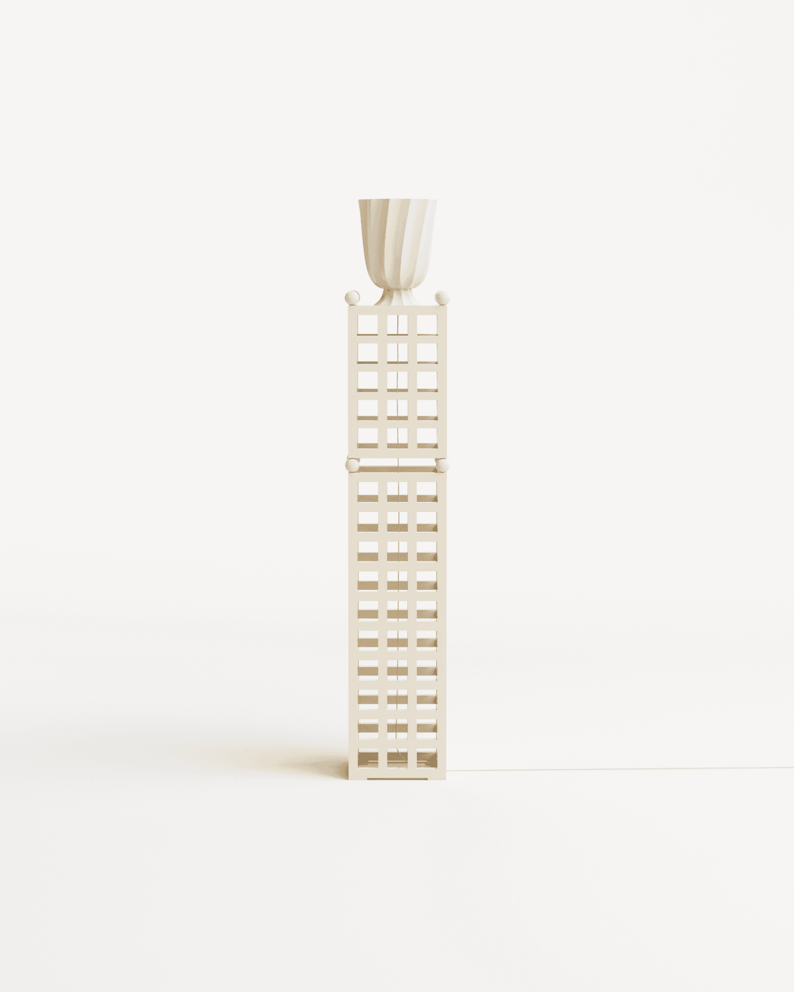 Trama floor lamp by Haddou-Dufourcq – slender beige sculptural form with grid panels and fluted urn top