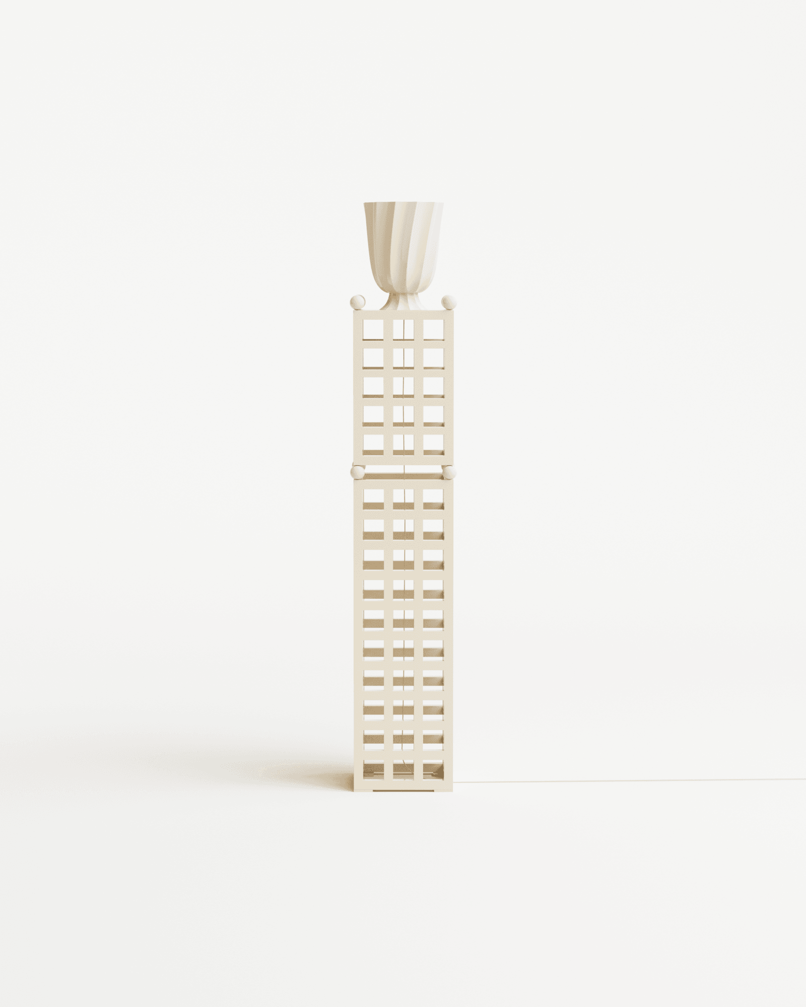 Trama floor lamp by Haddou-Dufourcq – slender beige sculptural form with grid panels and fluted urn top