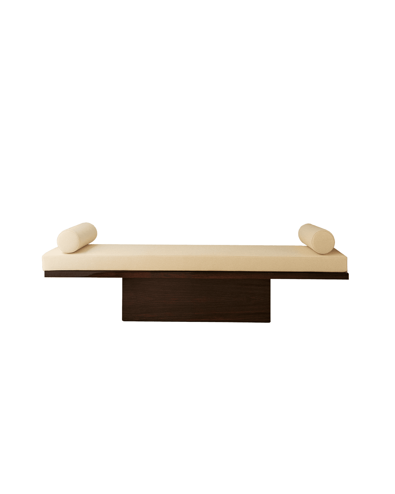 Trocadéro bench with dark wood floating platform base, cream textile cushion and bolster pillows, Marika Dru