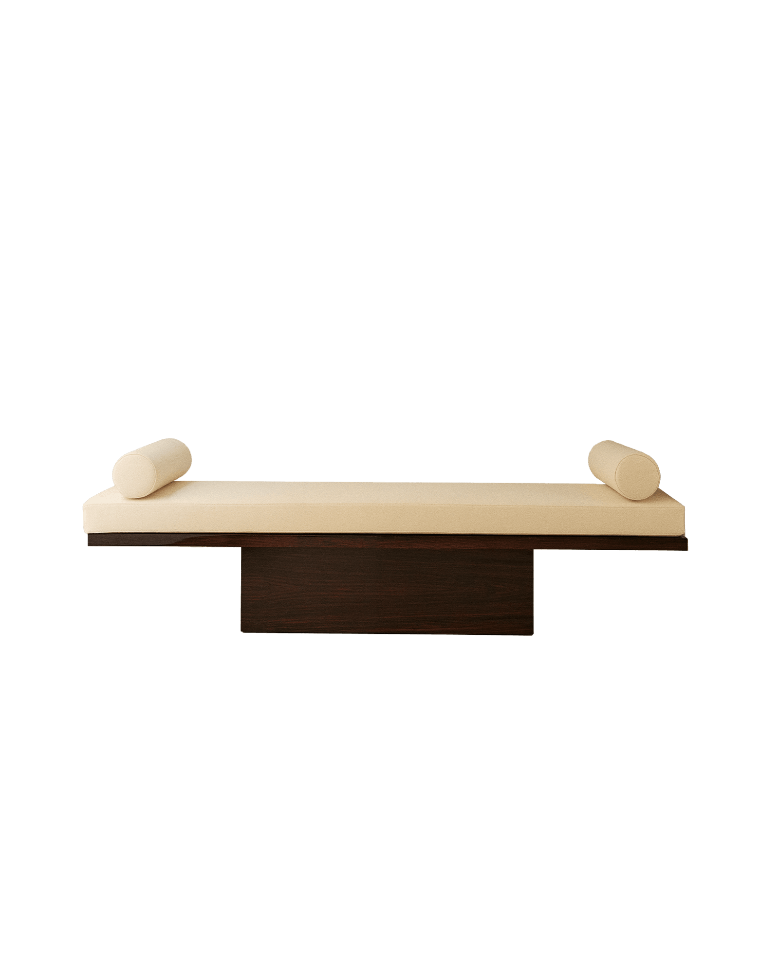 Trocadéro bench with dark wood floating platform base, cream textile cushion and bolster pillows, Marika Dru